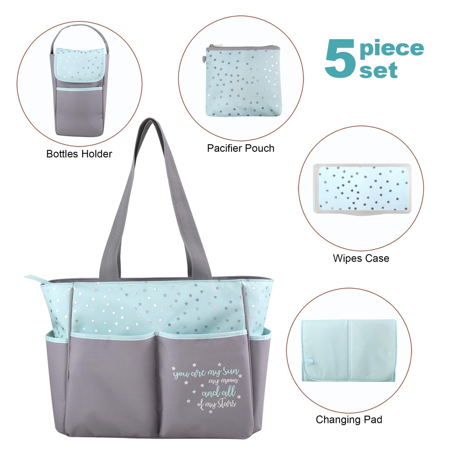 Baby Essentials Diaper Bag Tote 5 Piece Set With Sun, Moon, And Stars, Wipes Pocket, Dirty Diaper Pouch, Changing Pad (Grey/Aqua