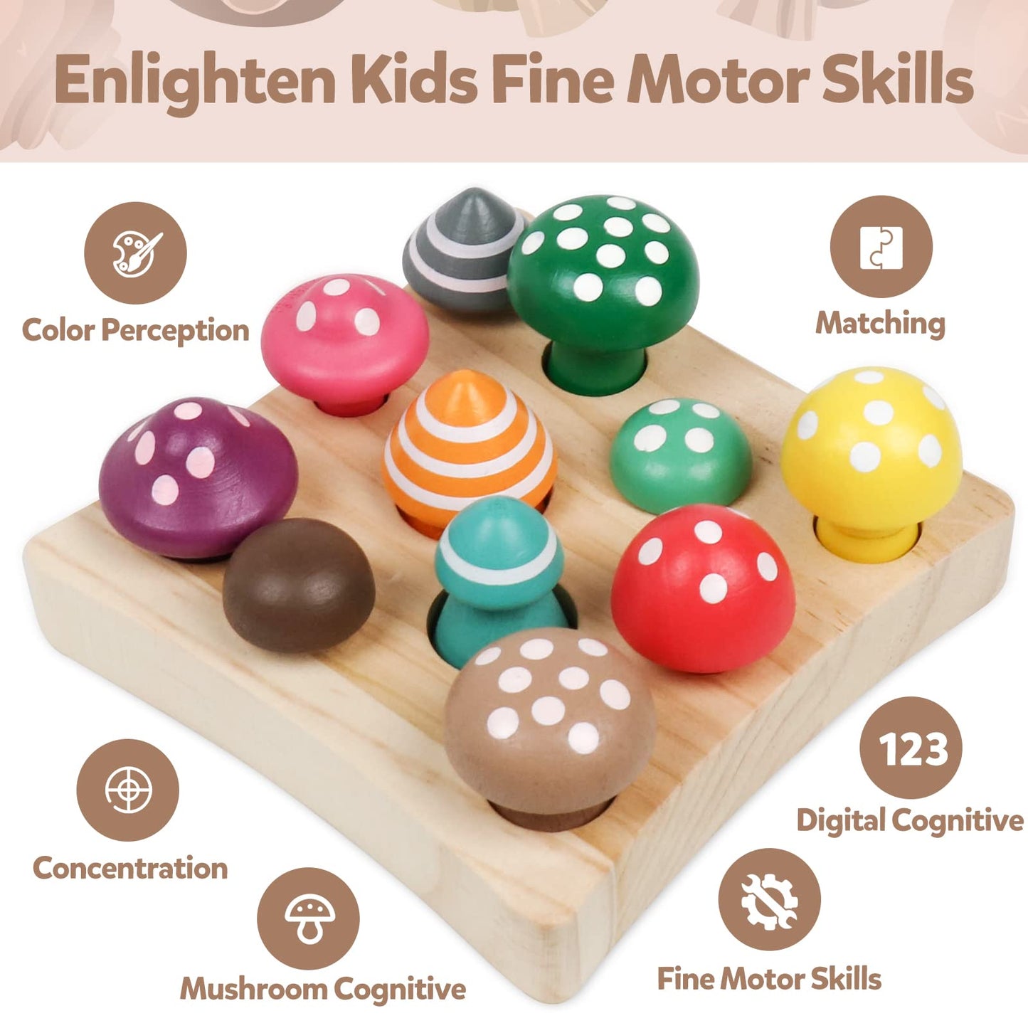 NAODONGLI Montessori Toys for 1 2 3 Year Old Boys Girls Wooden Harvest Mushroom Toys STEM Educational Preschool Learning Number