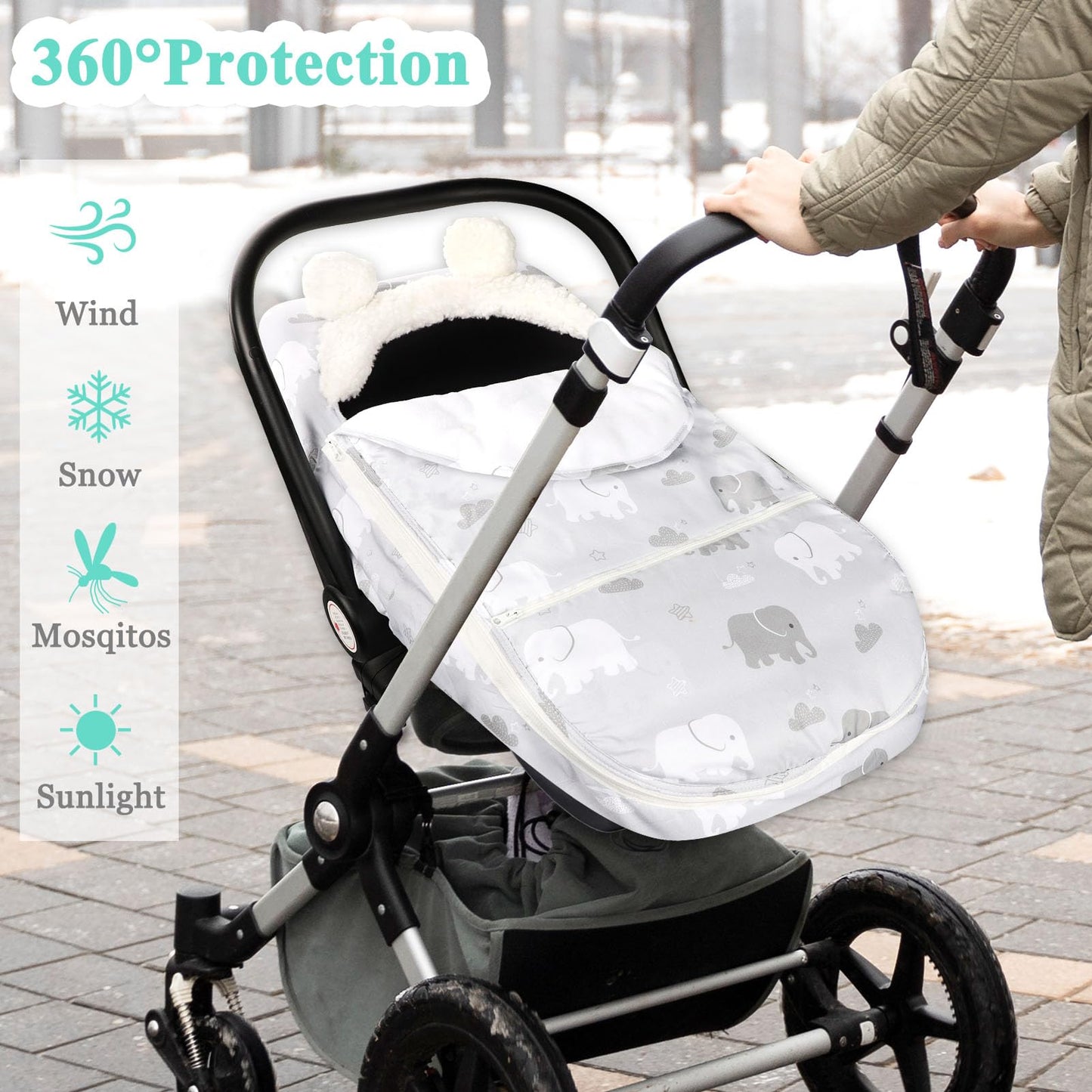 Carseat Cover Boys, Winter Cozy & Warm Cover, Elephant Baby Car Seat Cover, Infant Car Seat Canopy, Ultra-Soft Breathable Protec