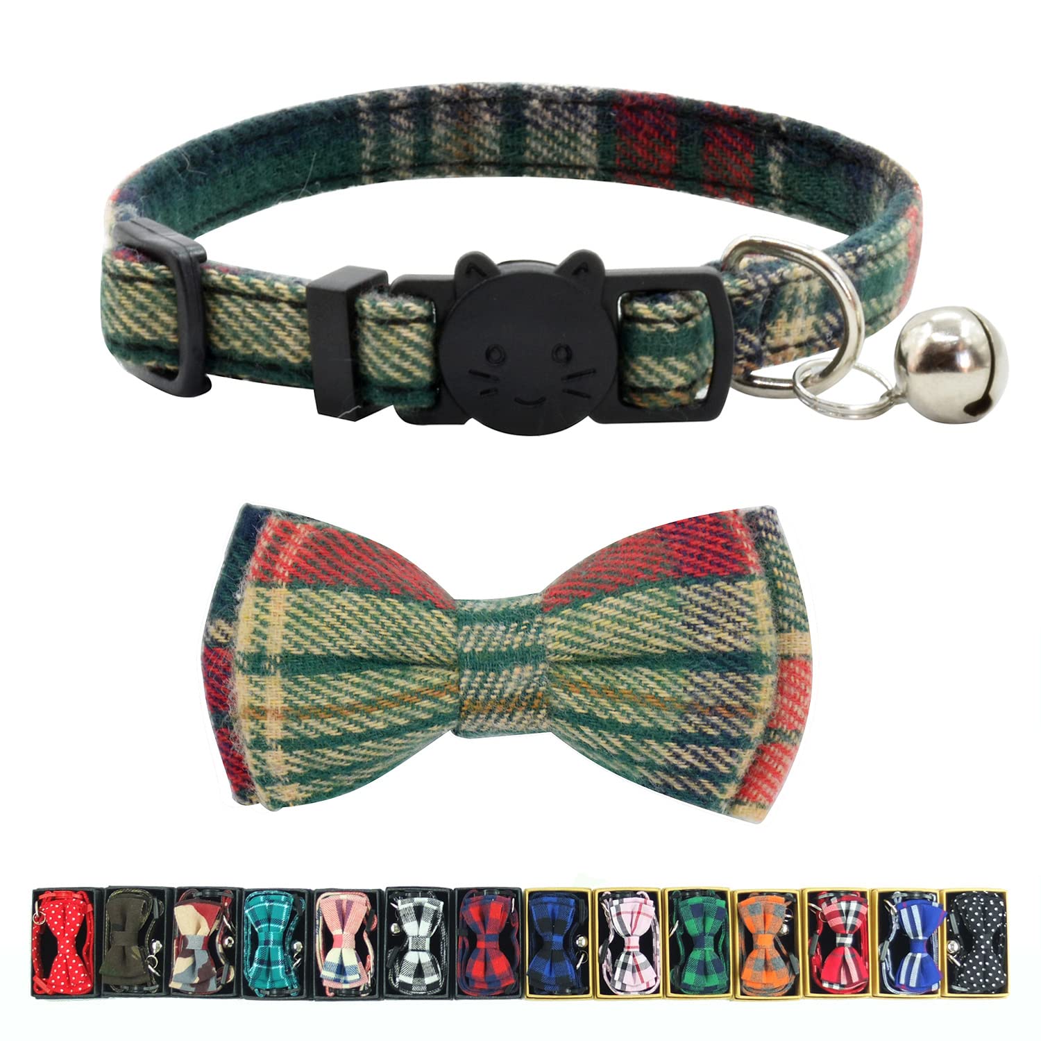 Cat Collar Breakaway With Bell And Bow Tie, Plaid Design Adjustable Safety Kitty Kitten Collars(68-108In) (Christmas Green)
