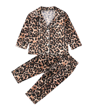Toddler Baby Kids Satin Pajamas Set, Long Sleeve Button-Down Sleepwear Pjs For Girls (1T, Leopard)