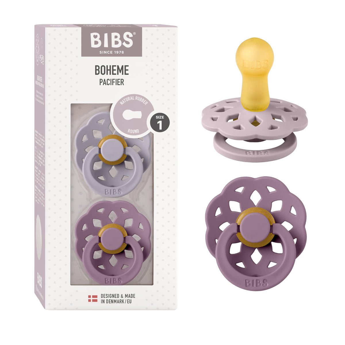 Bibs Boheme Natural Rubber Baby Pacifier  Round & Soft Nipple, Gentle Shield Prevents Skin Irritation & Moisture Buildup, 100% 