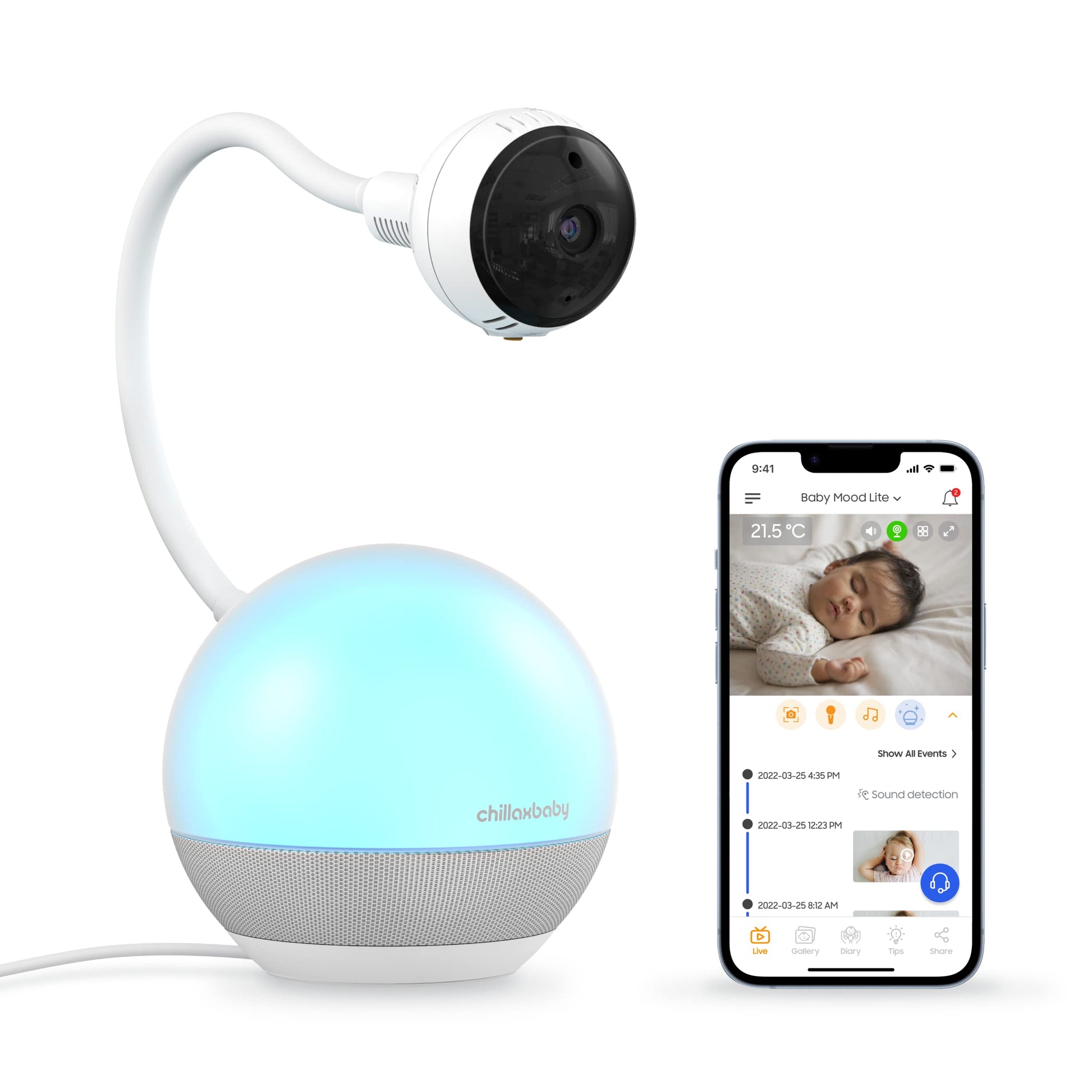 CHILLAX DM600 Baby Mood Lite - Smart Baby Monitor with Night Light, Temperature Sensor - Sleep Monitor with HD Camera, Soothing 