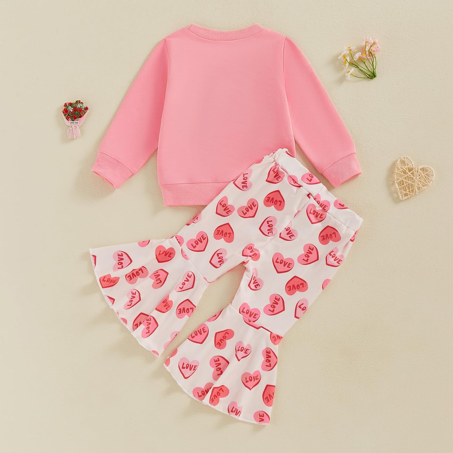 Engofs Toddler Baby Girl Valentines Day Outfit Long Sleeve Letter Print Sweatshirt Flared Pants Set (V2 Pink Love, 6-12 Months)