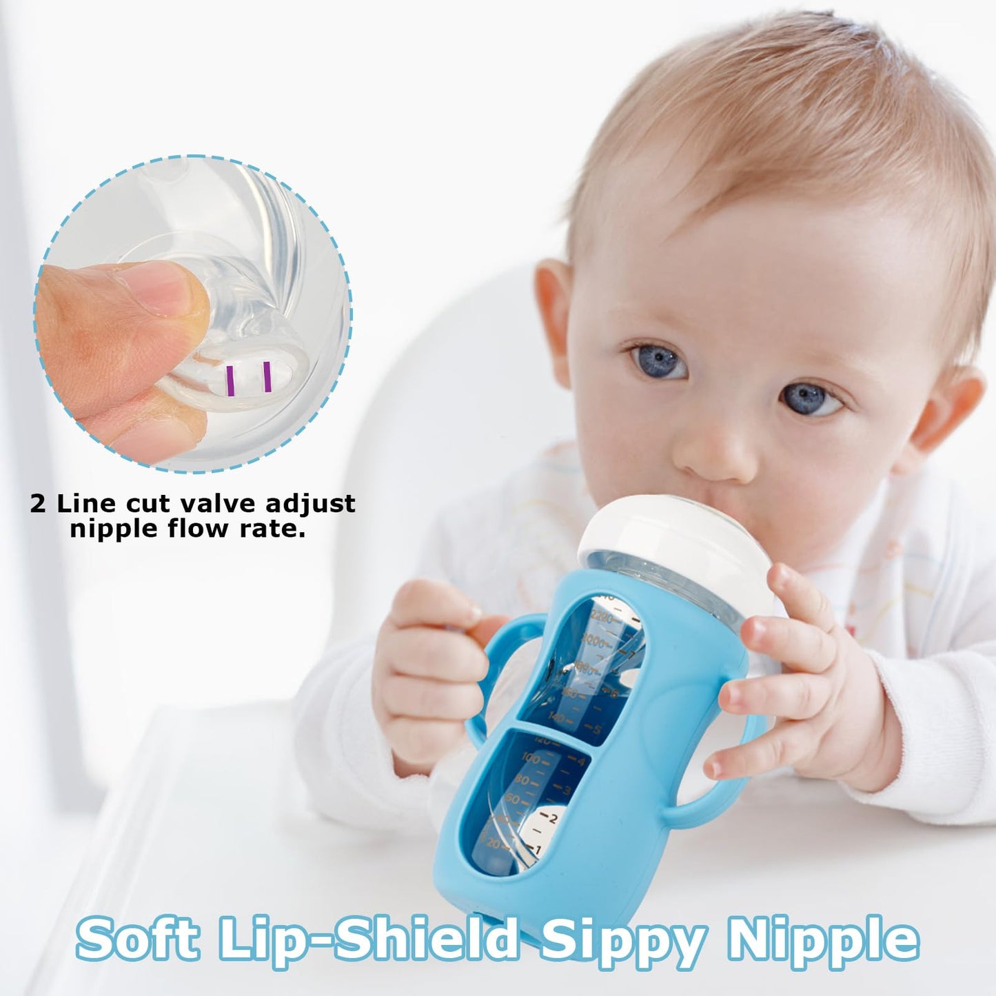 joyfeed Sippy Cup Conversion Kit with Handle & Anti-Breakage Silicone Sleeve - Compatible with Avent Natural Glass Baby Bottle 8