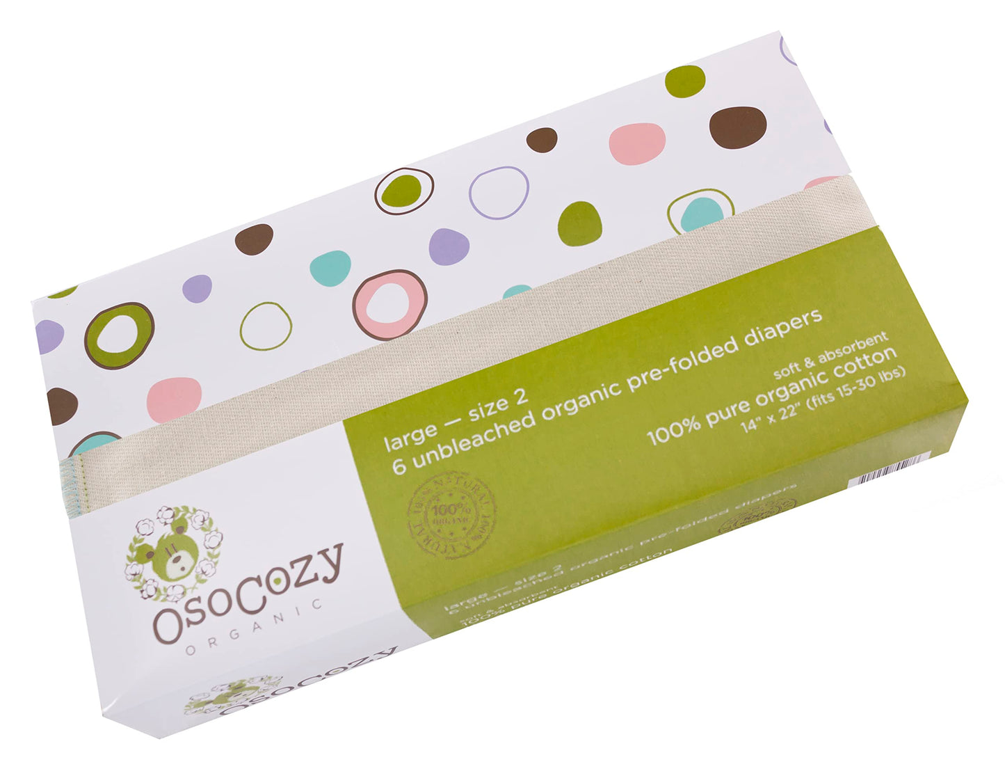 OsoCozy Organic Cotton Prefold Cloth Diapers Traditional Fit Large 4x8x4 Layering (6pk) - Super-Soft, Thick, Absorbent, Durable 