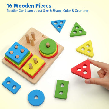 Coogam Wooden Sorting Stacking Montessori Toys, Shape Color Recognition Blocks Matching Puzzle, Fine Motor Skill Educational Pre