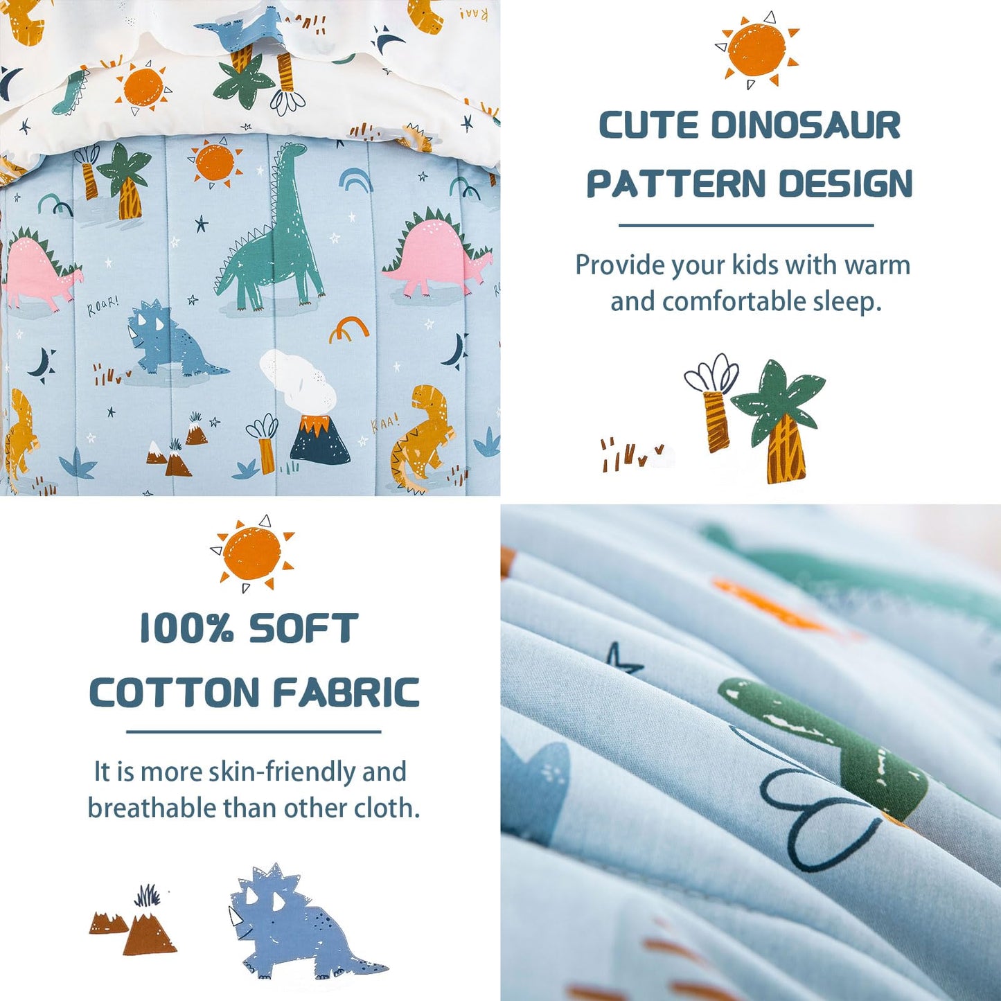 Djy 4 Pieces Cotton Toddler Bedding Set, Dinosaur Toddler Bed Comforter Set For Boys Girls, Includes Blue White Reversible Comfo