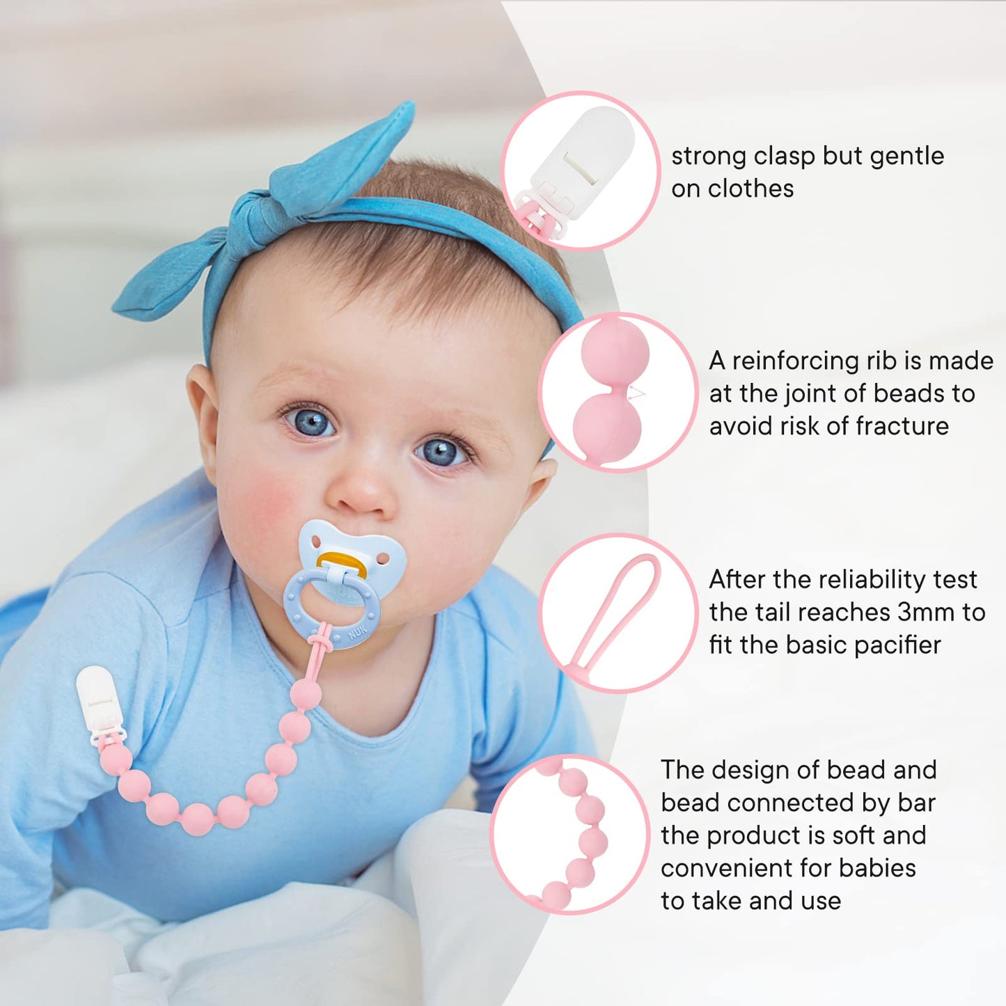 Minmunjiu Silicone Pacifier Clip Holder, 4 Pack One Piece Soft Flexible Binky Clips Pacifier Holder Clip For Girls, Baby Newborn