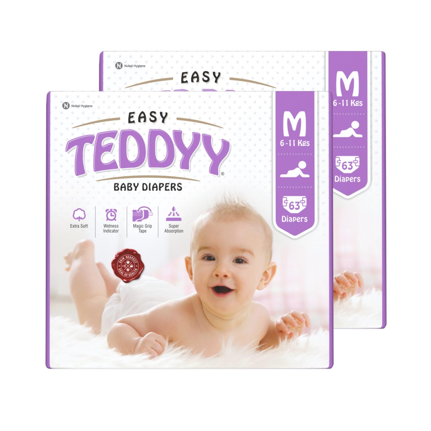 Teddyy Easy Baby M Size Diaper Tape Style |126 Count (Medium) | 611 Kgs (Pack Of 2) | Quick Absorbency | Extra Super Soft | Ant
