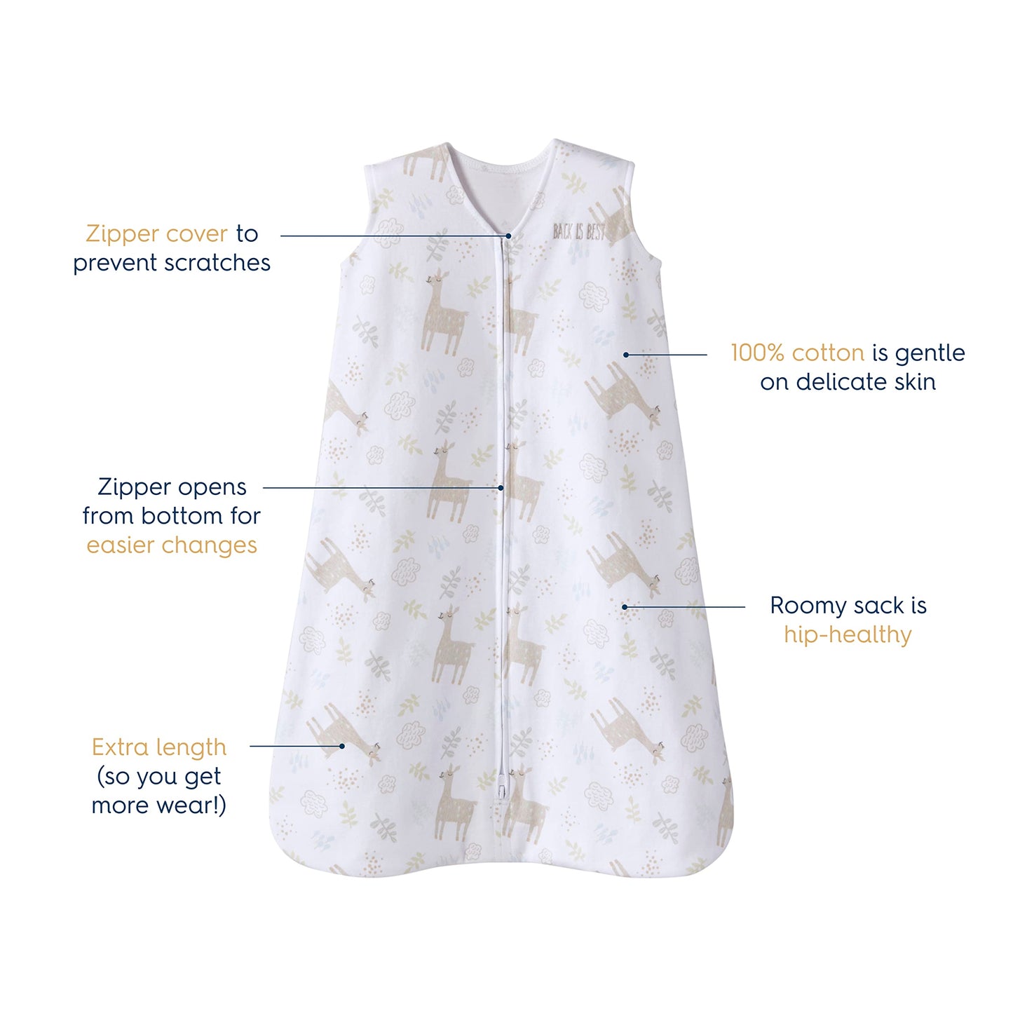 HALO SleepSack, 100% Cotton Wearable Blanket, Swaddle Transition Sleeping Bag, TOG 0.5, Llama Sand, Size X-Large