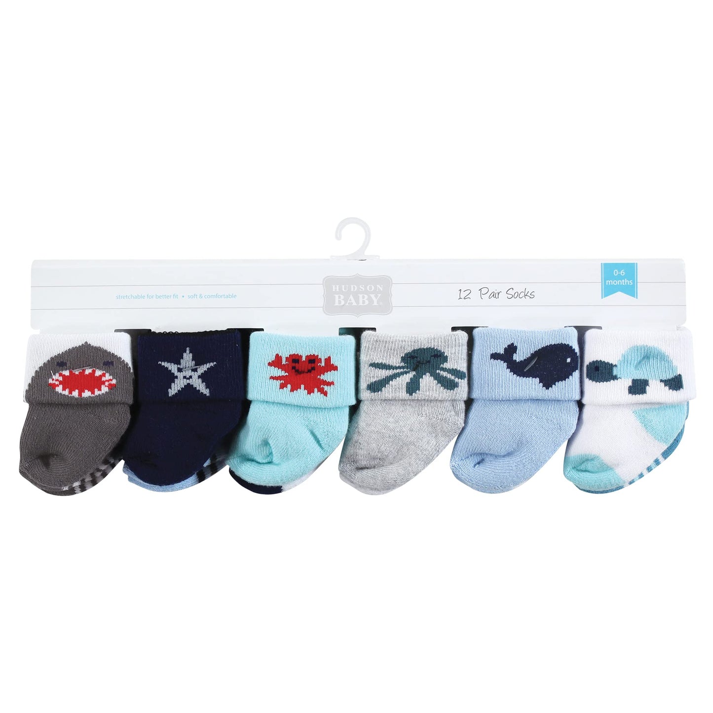 Hudson Baby Baby Girls Cotton Rich Newborn And Terry Socks, Sea Creatures 12-Pack, 0-6 Months Us
