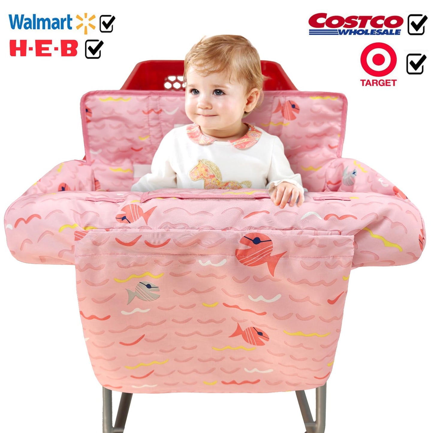 2-In-1 Shopping Cart And High Chair Cover For Baby, Padded Cover, Fold'N Roll Style, Portable With Carry Bag (Pink Fish)