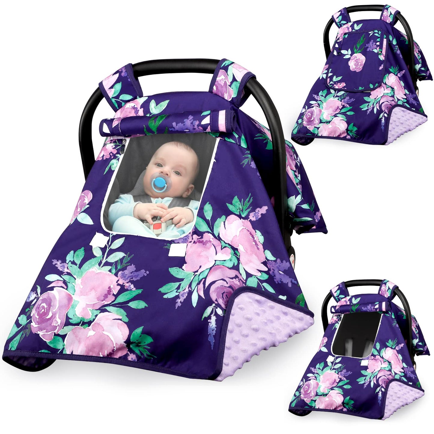 Baby Carseat Seat Cover Girls, Winter Carseat Canopy, Cozy & Warm Cover With Zipper Peep Windows, Infant Minky Carrier Cover, So