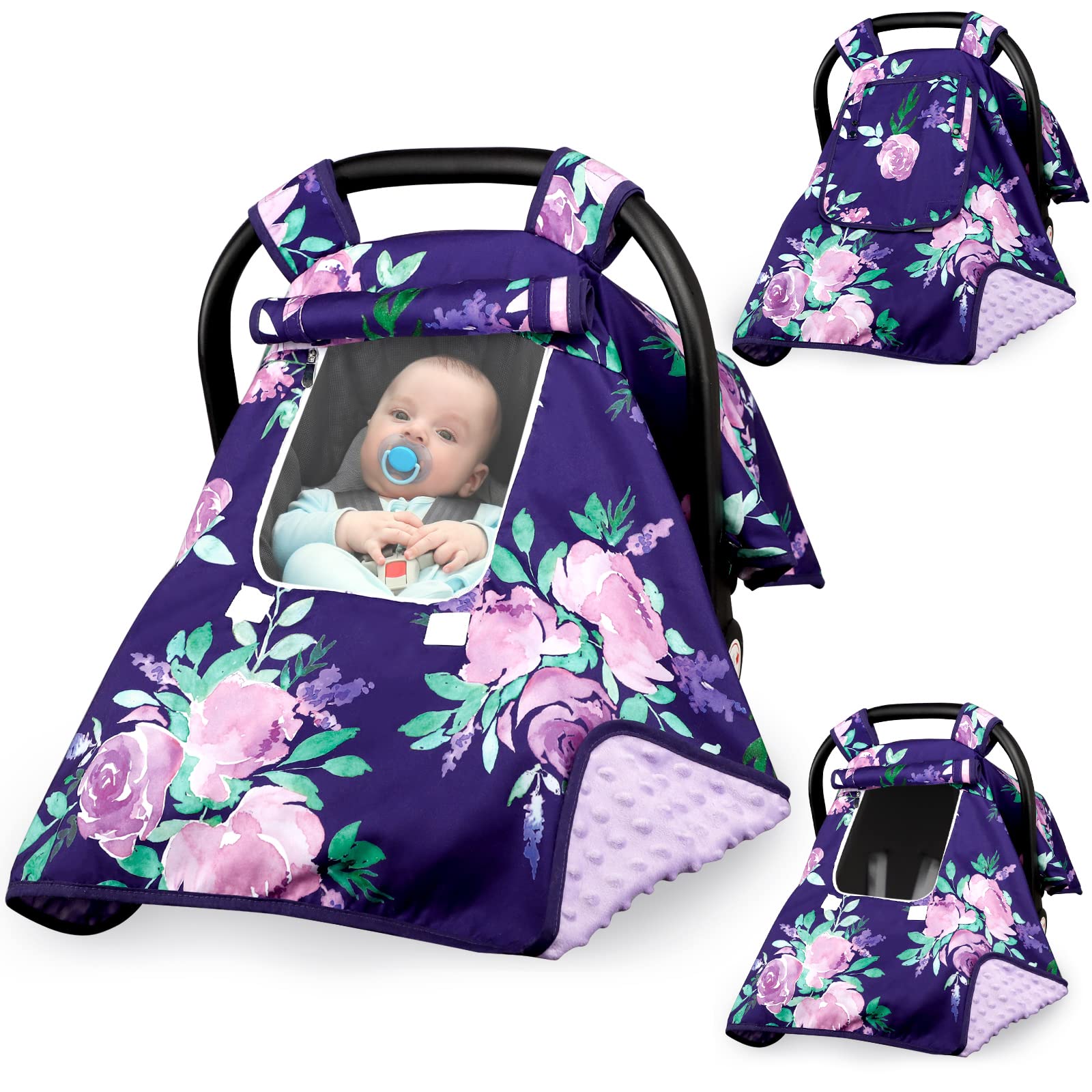 Baby Carseat Seat Cover Girls, Winter Carseat Canopy, Cozy & Warm Cover With Zipper Peep Windows, Infant Minky Carrier Cover, So