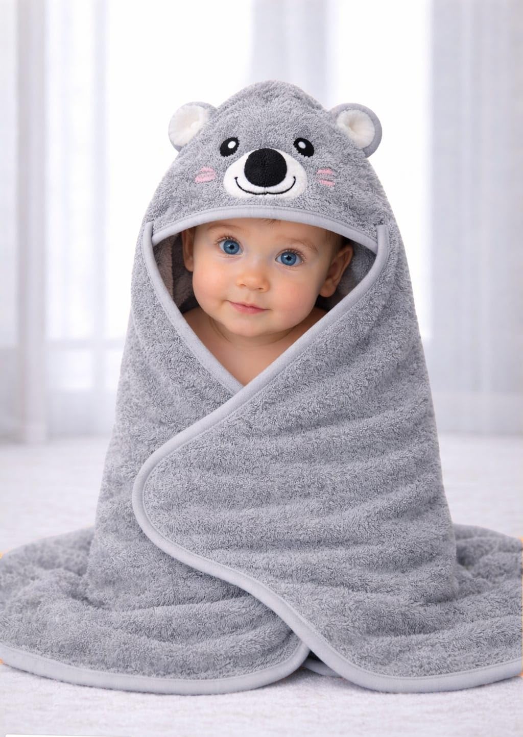 Hi mom Baby Hooded Towel, Grey, Koala Animal Design, Soft Bath Wrap for Infants