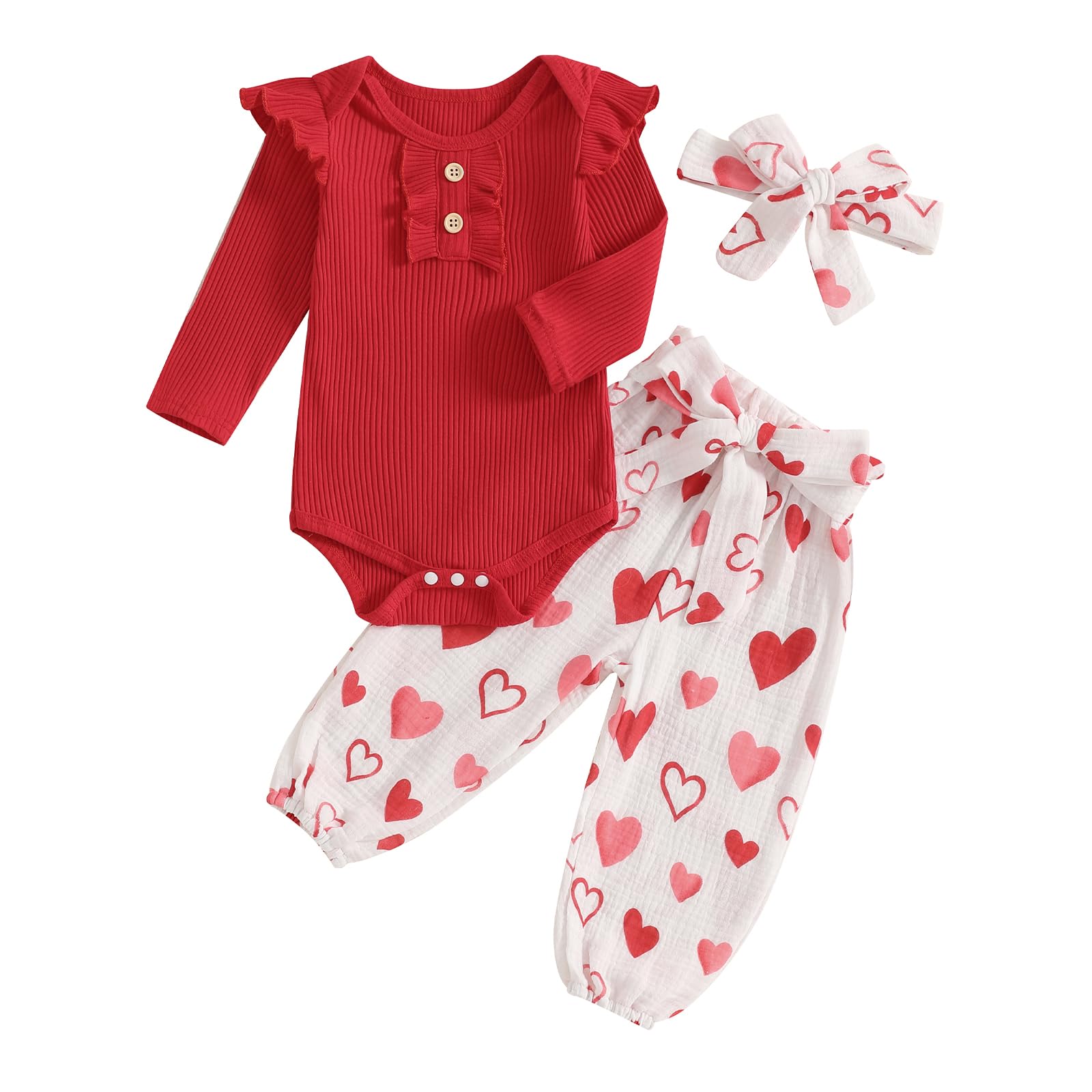 Rtnnsbbfcm Newborn Baby Girl Valentine'S Day Outfit Long Sleeve Ribbed Romper Heart Print Pants Headband 3Pcs Set (Red, 3-6 Mont