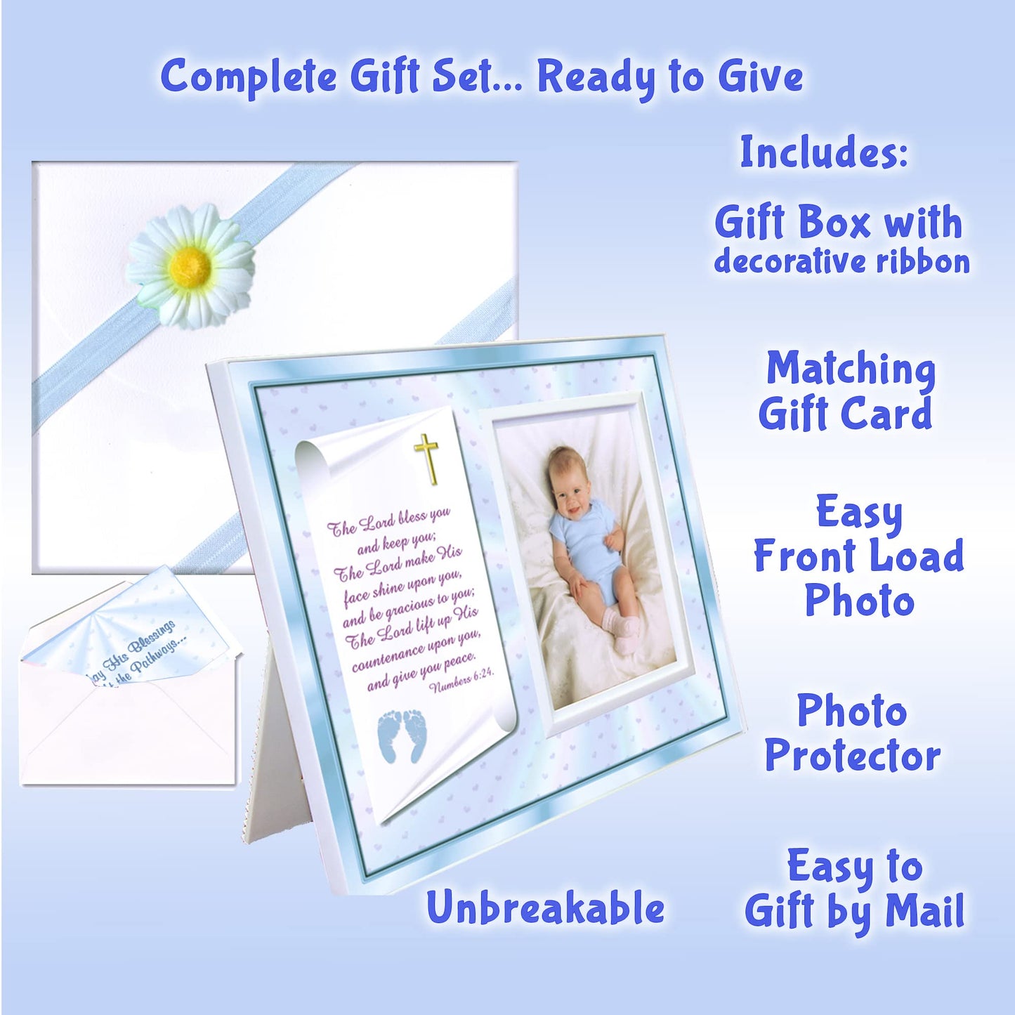 Christening Gift For Baby Boy | Cute Picture Frame | Affordable, Colorful | Holds A 3.5 X 5 Photo | Easyfront-Load Design | Blue