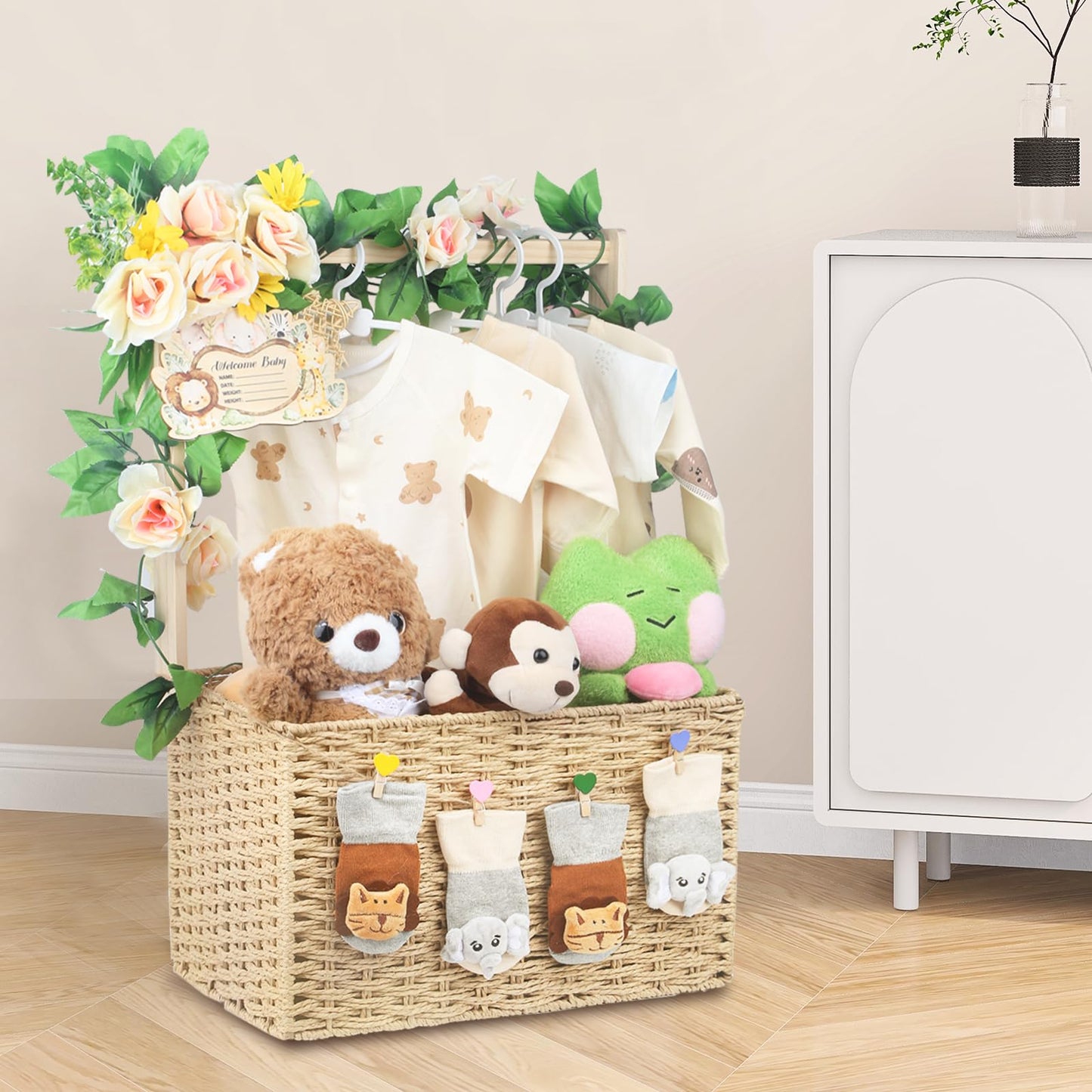 Wisreach Wooden Baby Shower Crate Closet, Foldable Handwoven Storage Basket for Baby Shower Gifts, Welcome Gift Basket for Newbo