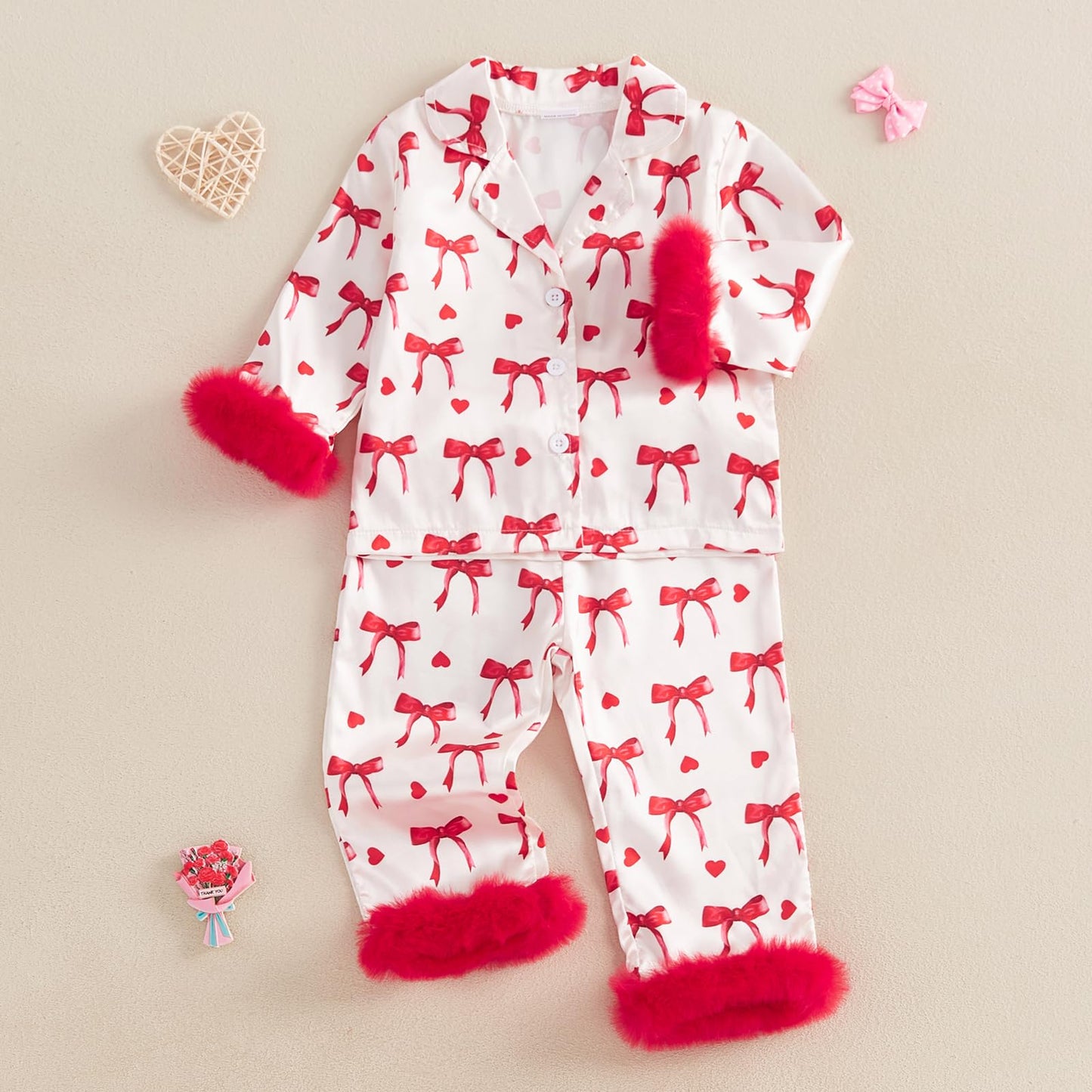 Kuriozud Toddler Girl Pajamas Valentines Day Baby Silk Satin Nightgown Little Kids Girls Pjs Button Down 2 Piece Pajamas Set (Va