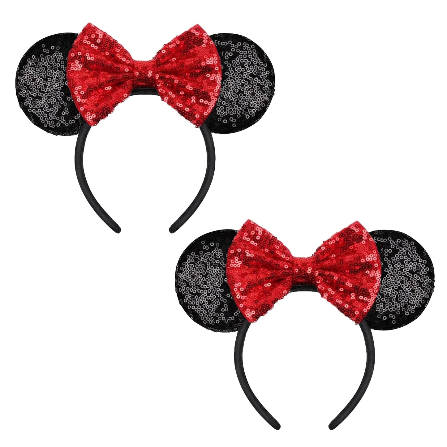 Yuniss 2 Pcs Mouse Ears, Shiny Red Sequin Bow Mouse Ears Headbands For Adult Women Girls Christmas Birthday Party (Red)