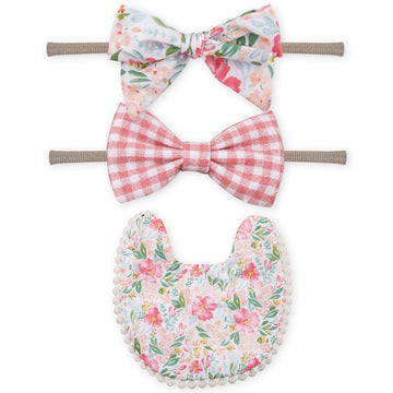 Polka Tots Cotton Floral Bow Headband With Reversible Boho Bib Set  White