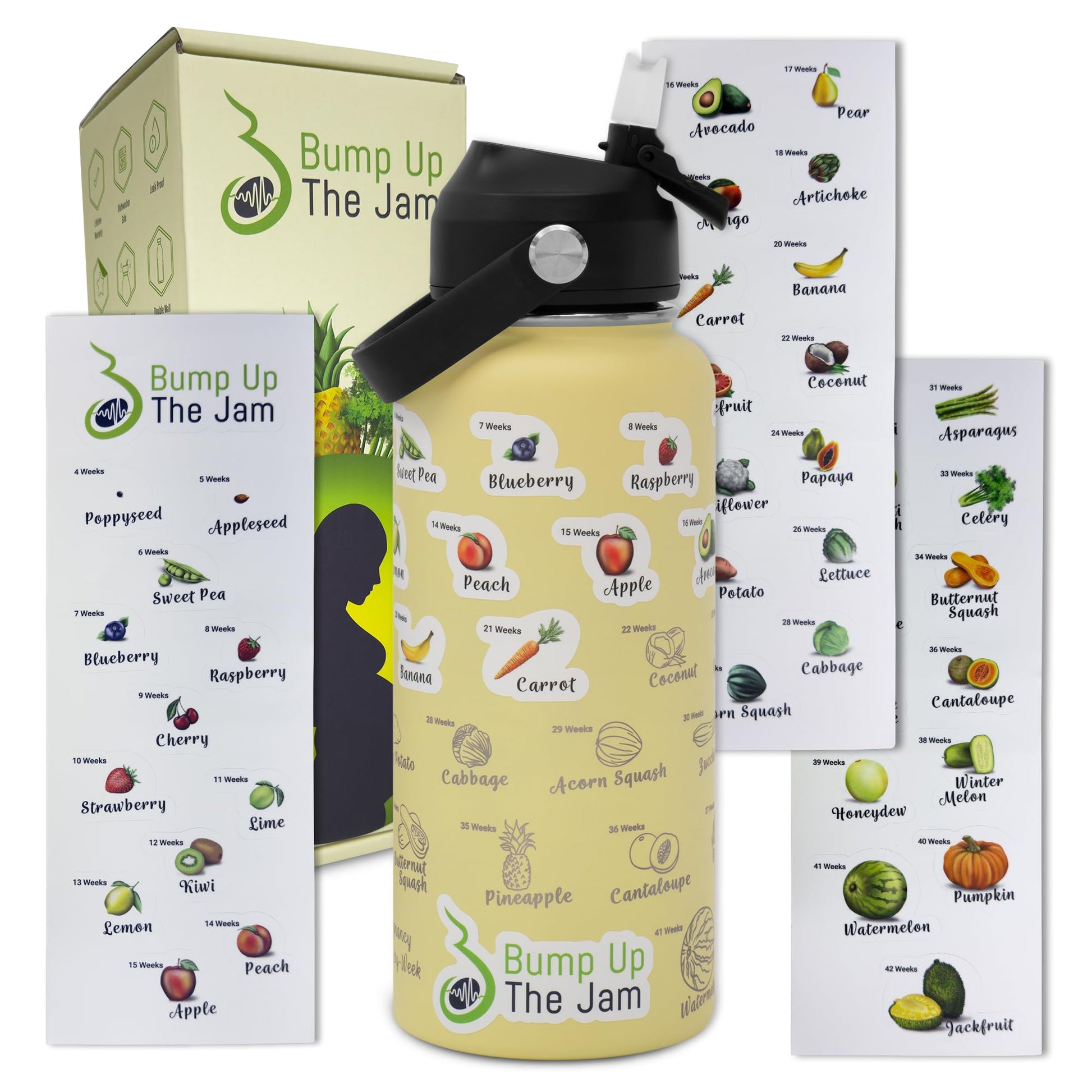 Bump Up The Jam Pregnancy Water Bottle Tracker - 32 Ounce Stainless Steel - Includes Weekly Pregnancy Tracker Stickers (Lemon Fr