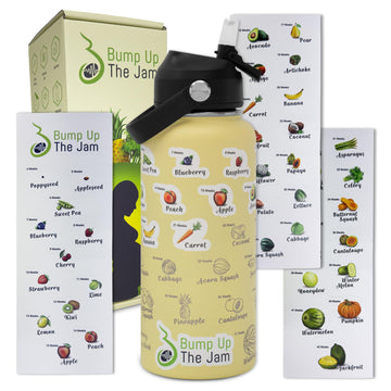 Bump Up The Jam Pregnancy Water Bottle Tracker - 32 Ounce Stainless Steel - Includes Weekly Pregnancy Tracker Stickers (Lemon Fr
