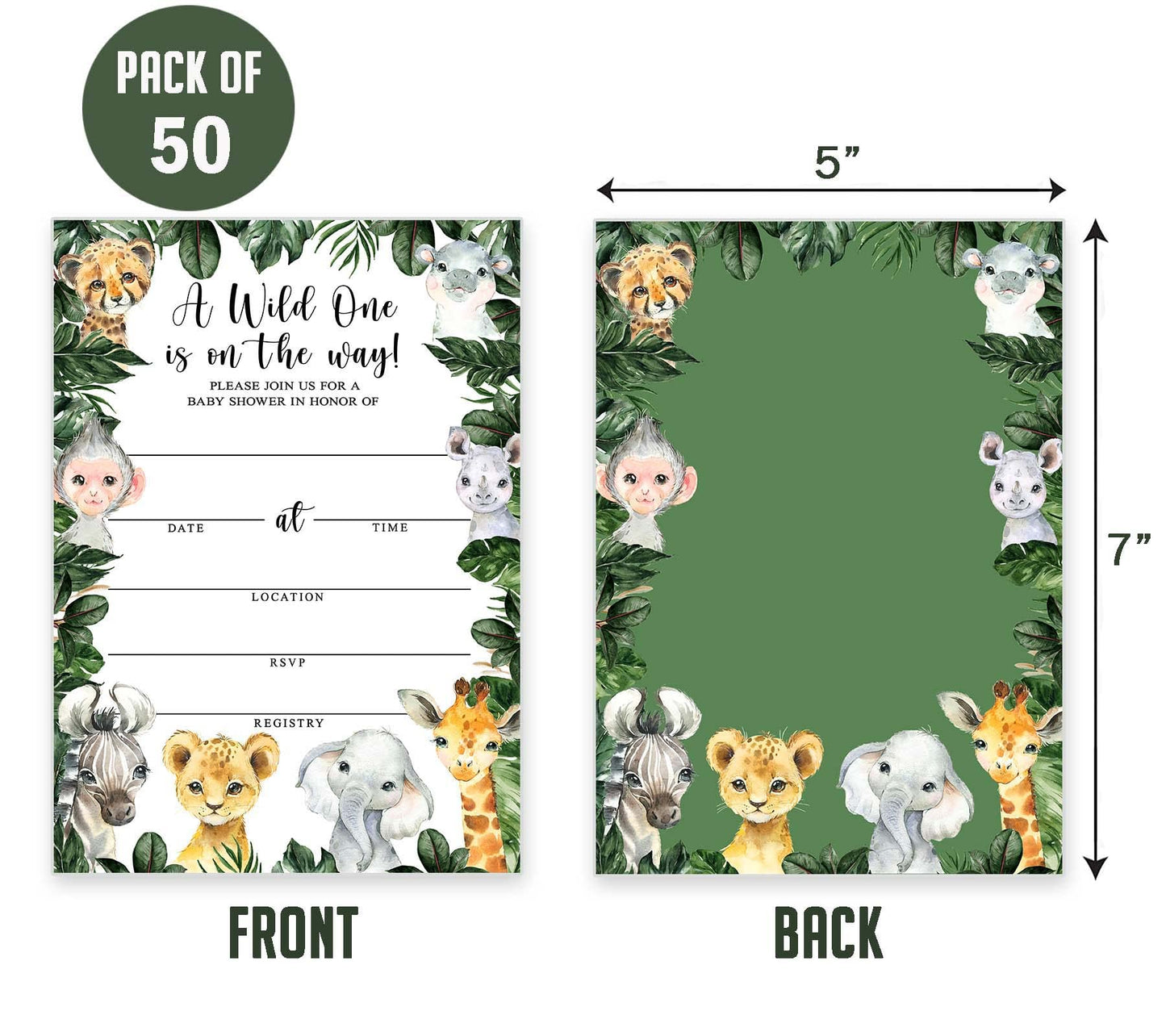 Yuzioey 50 Safari Baby Shower Invitations, Jungle Animals Invitations Macthing Envelpoes, Diaper Raffle Tickets, Book Request Ca