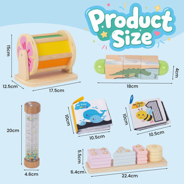 Wooden Baby Toys, 6-in-1 Newborn Learning Educational Sets Includes Mirror Spinning Drum, Rain Stick, Soft Cloth Books, Shape So