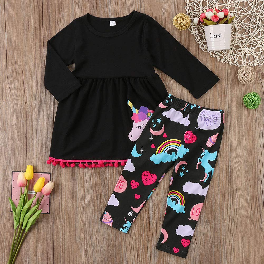 2Pcs/Set Kids Toddler Baby Girl Outfits Long Sleeve T-Shirt Top+Floral Long Pants Fall Clothes (Unicorn Black, 3-4 Years)