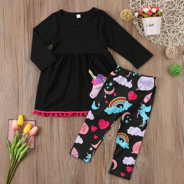 2Pcs/Set Kids Toddler Baby Girl Outfits Long Sleeve T-Shirt Top+Floral Long Pants Fall Clothes (Unicorn Black, 3-4 Years)