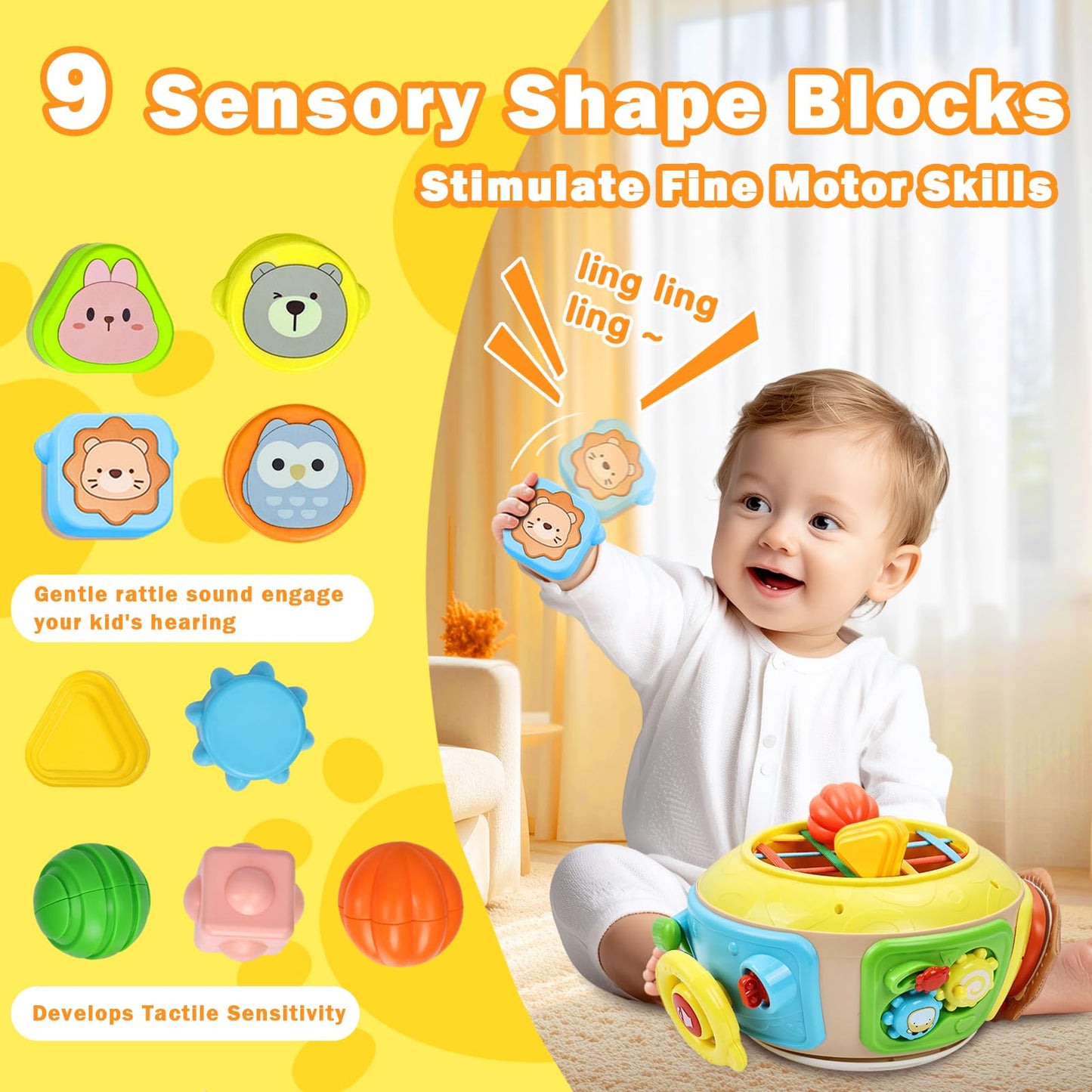 7-in-1 Activity Cube Drum Montessori Toys for Baby, Busy Toys for Toddlers with 9 Sensory Shape Blocks, Music & Light Educationa