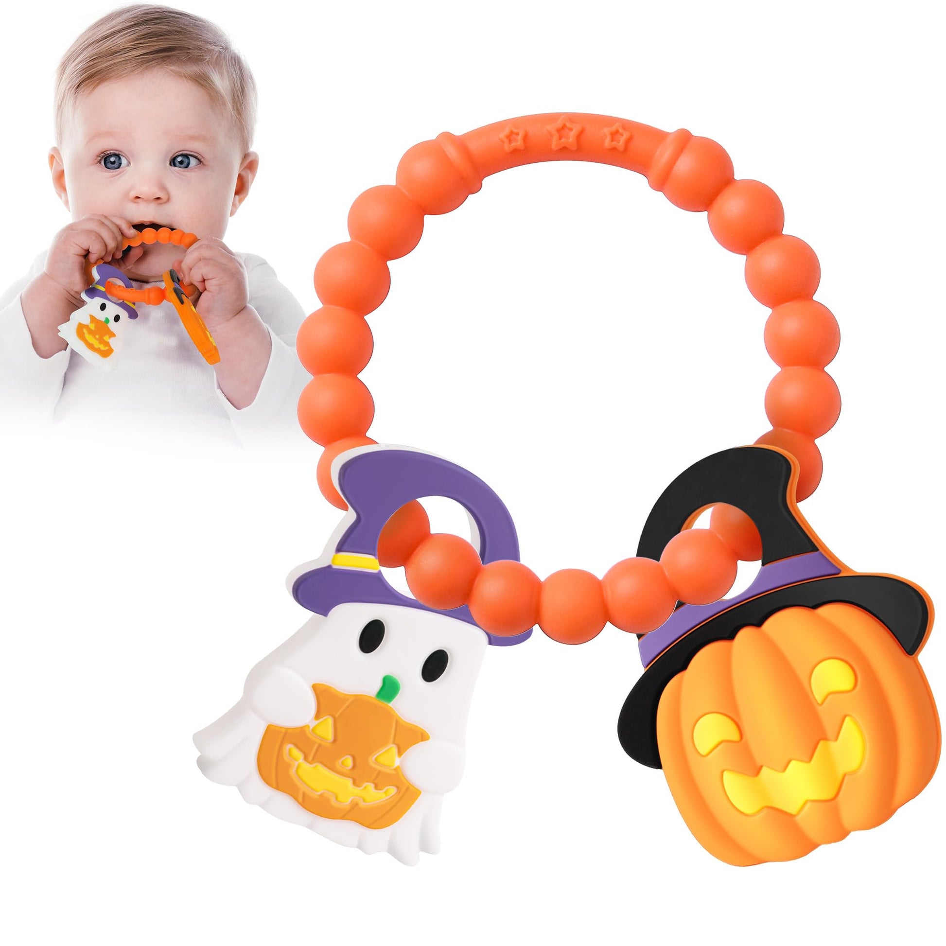 Baby Halloween Teething Toys, Soft Pumpkin & Ghost Textured Silicone Teether for 3-6 6-12 Months, BPA-Free Baby Halloween Teethe