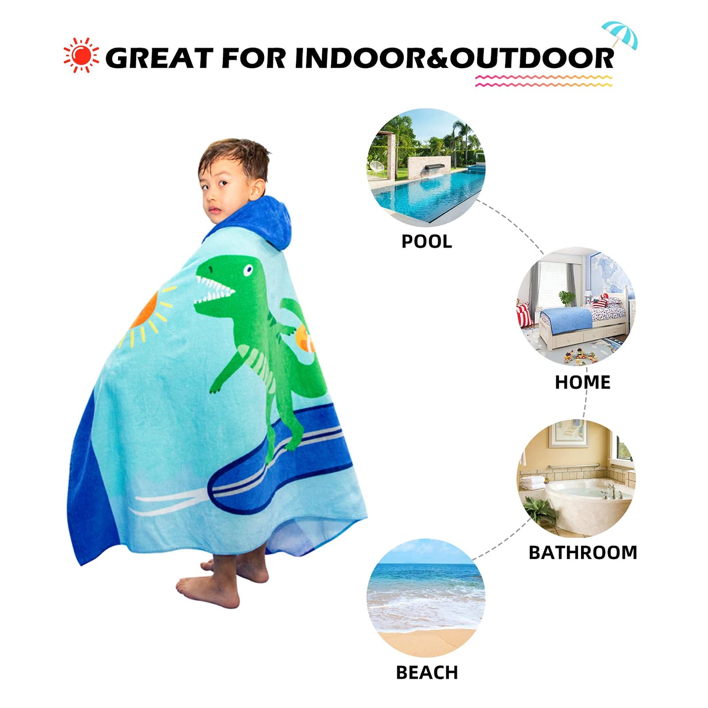 Bangsaur Kids Hooded Beach Bath Towels, 100% Cotton 50'X30' Wrap Towel, Toddlers Boys 3-12 Years Coverup Towel Surfing T-Rex