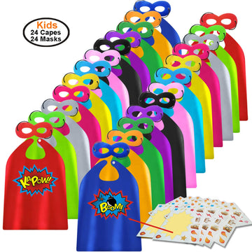 Adjoy Kids Superhero Capes And Masks 24 Sets Pack With Large Stickers - Superhero Themed Birthday Party Capes