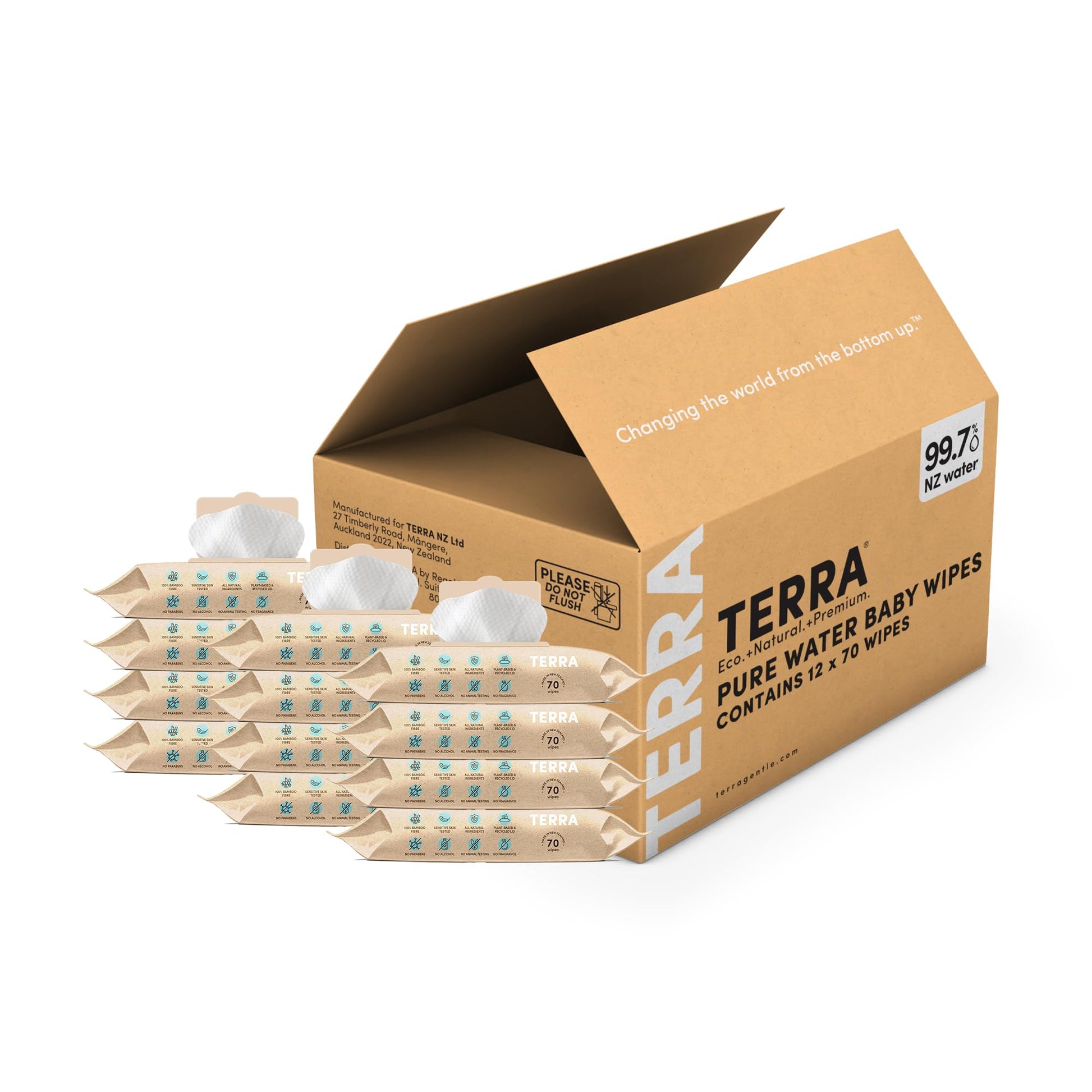 Terra Bamboo Water Baby Wipes: 99.7% Pure New Zealand Water, 100% Biodegradable Bamboo Fiber, 0% Plastic, Unscented Baby Wipes f