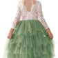 2Bunnies Girl Peony Lace Back A-Line Tiered Tutu Tulle Flower Girl Dress (Sage Sleeve Maxi, 2T)