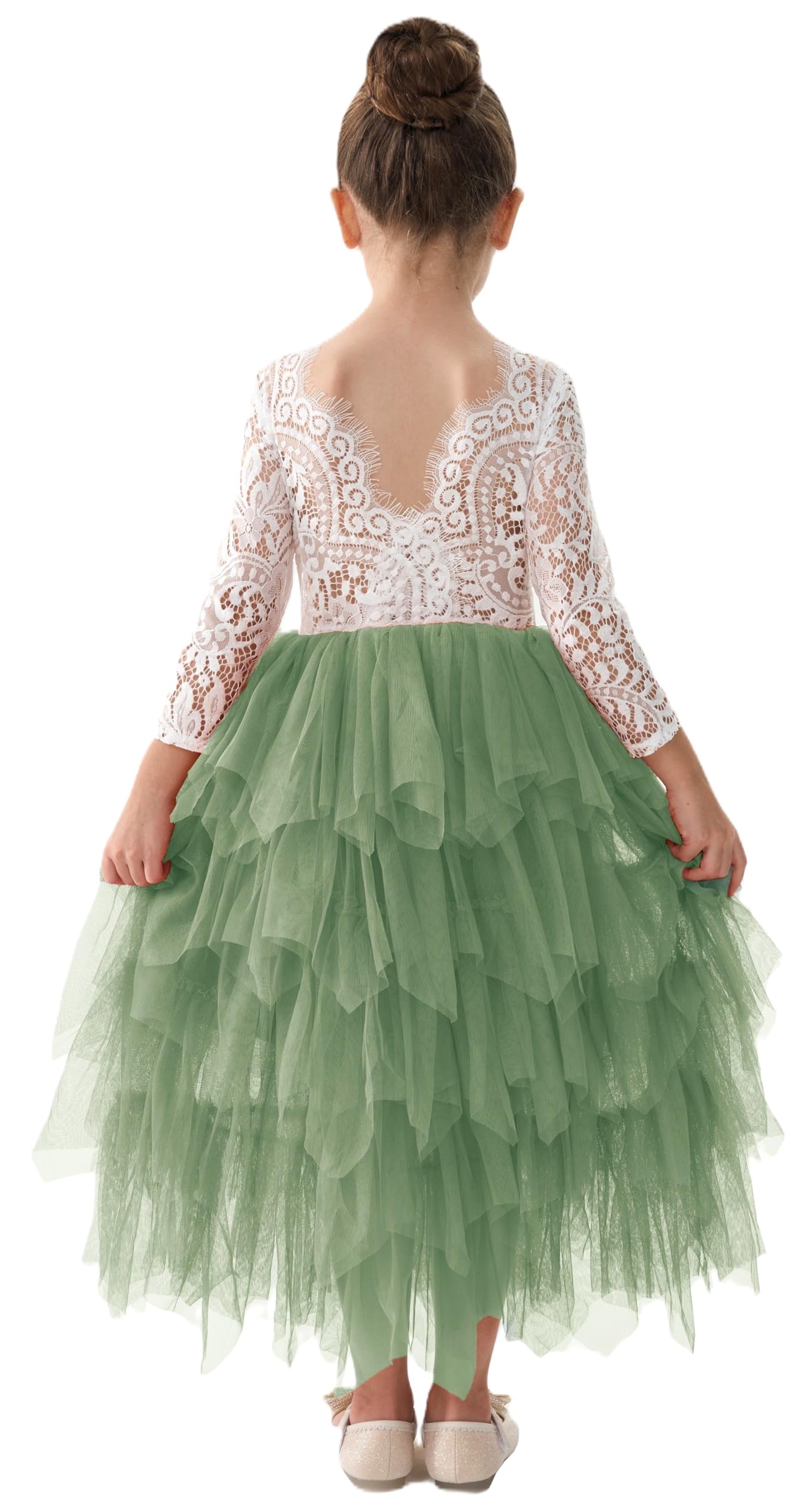 2Bunnies Girl Peony Lace Back A-Line Tiered Tutu Tulle Flower Girl Dress (Sage Sleeve Maxi, 2T)