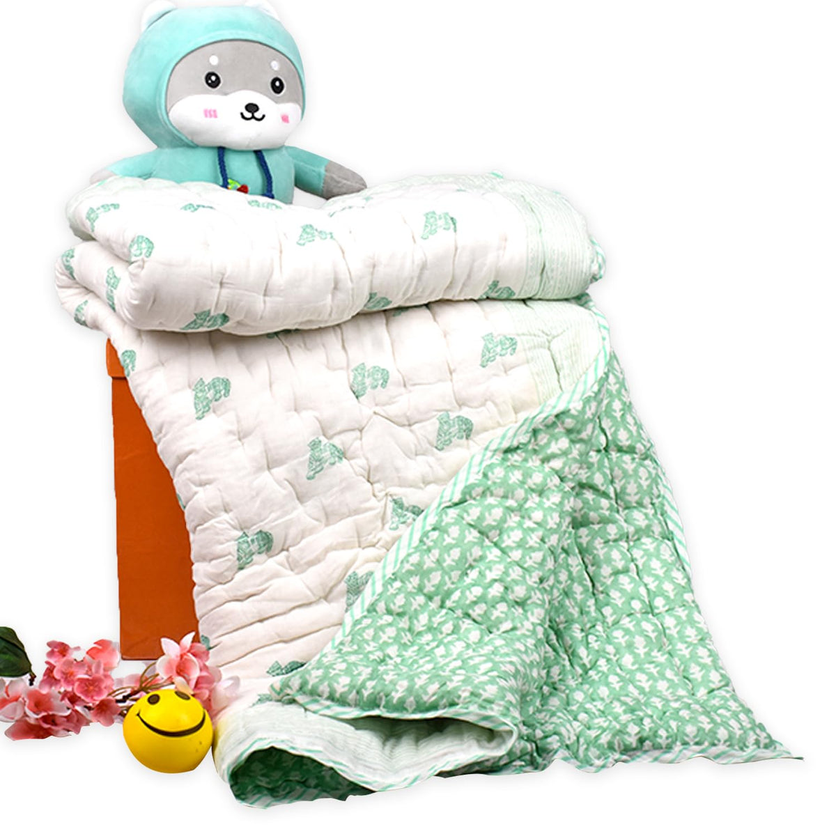 MomS Home Organic Cotton Baby Quilt | 100 * 150Cm | 05 Years (Green Tiger) (Lightweight, Breathable)