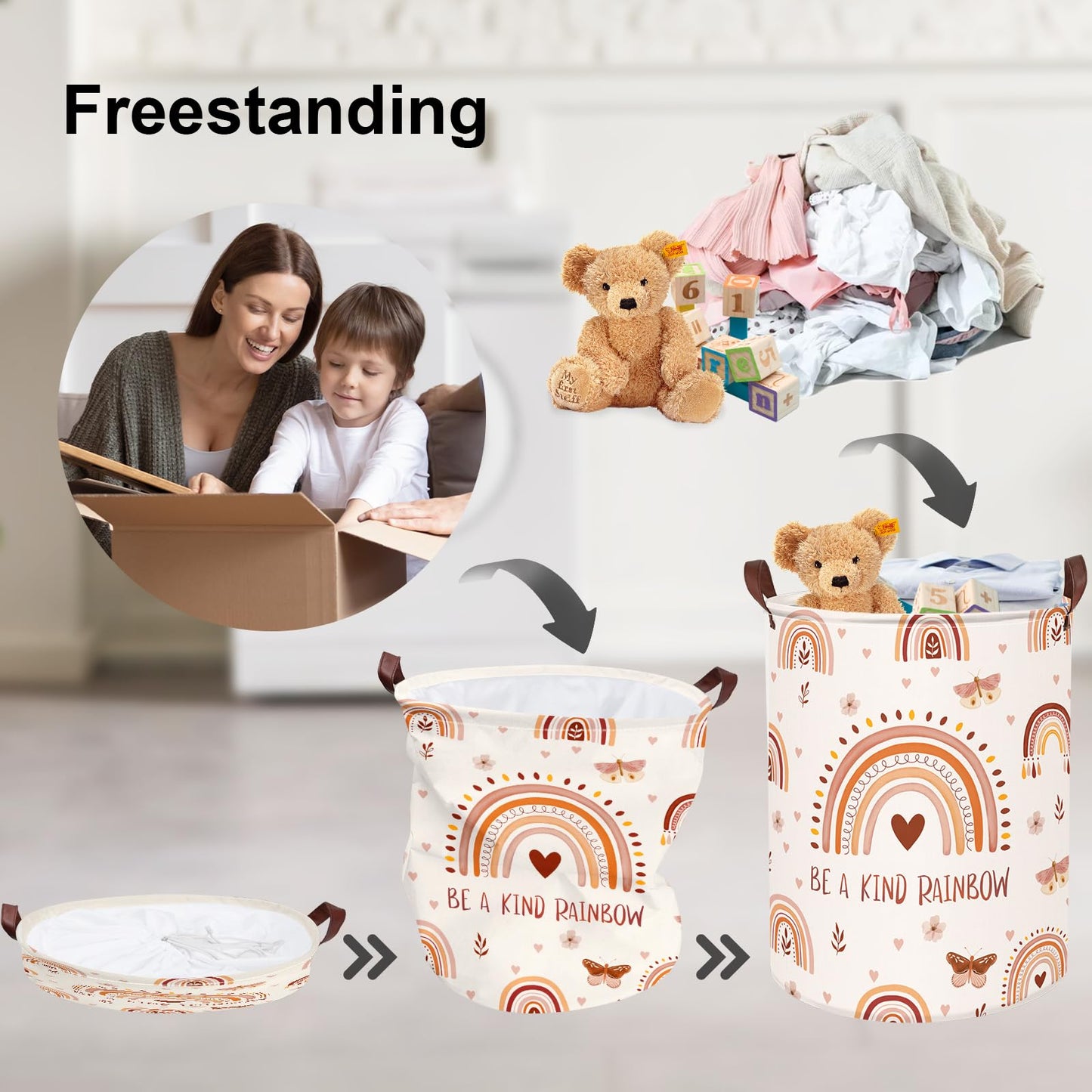 Clastyle 63L Boho Rainbow Laundry Basket For Girl Heart Butterfly Pink Kids Dirty Clothes Nursery Hamper Large Clothes Toys Stor