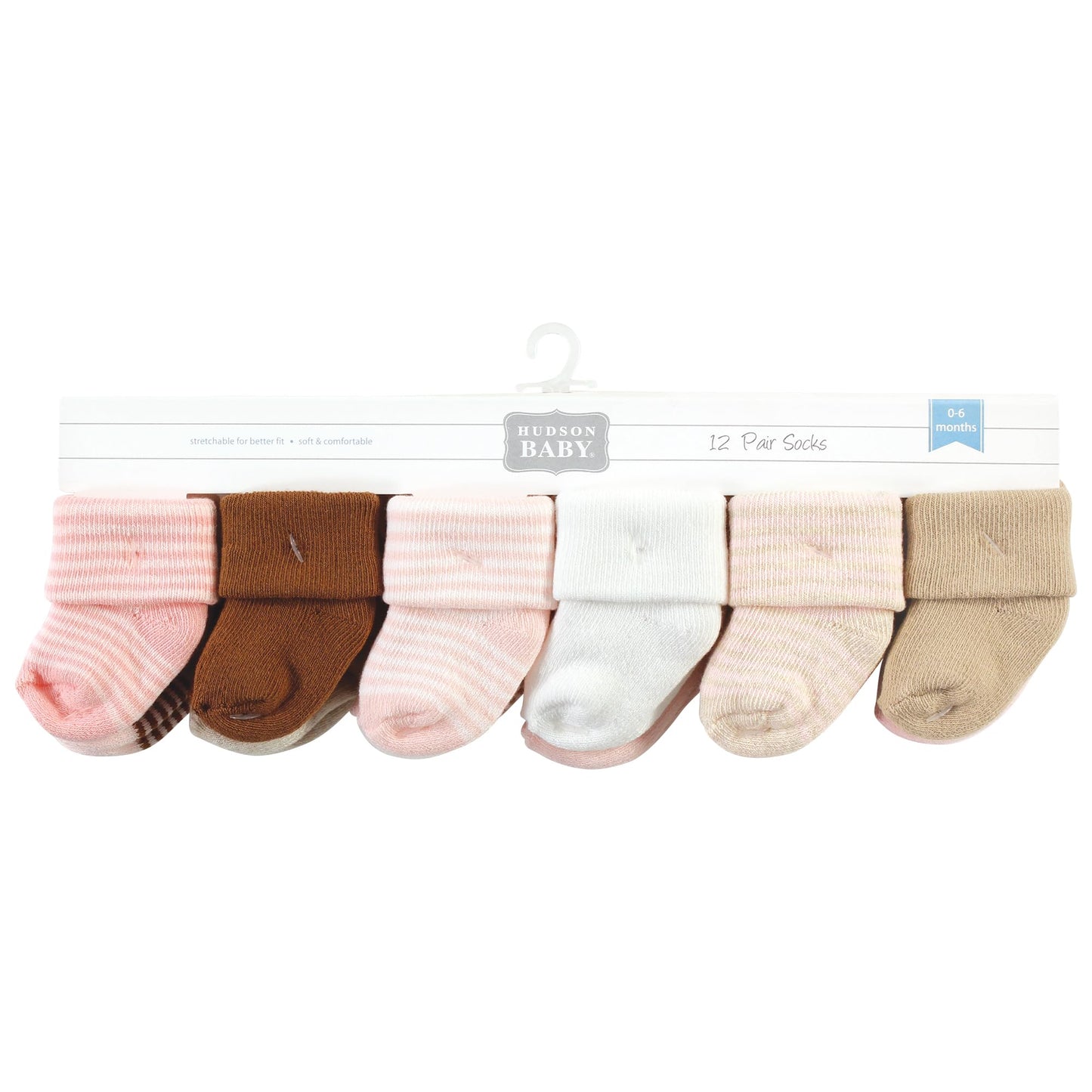 Hudson Baby Unisex Baby Cotton Rich Newborn And Terry Socks, Pink Tan Stripe, 6-12 Months