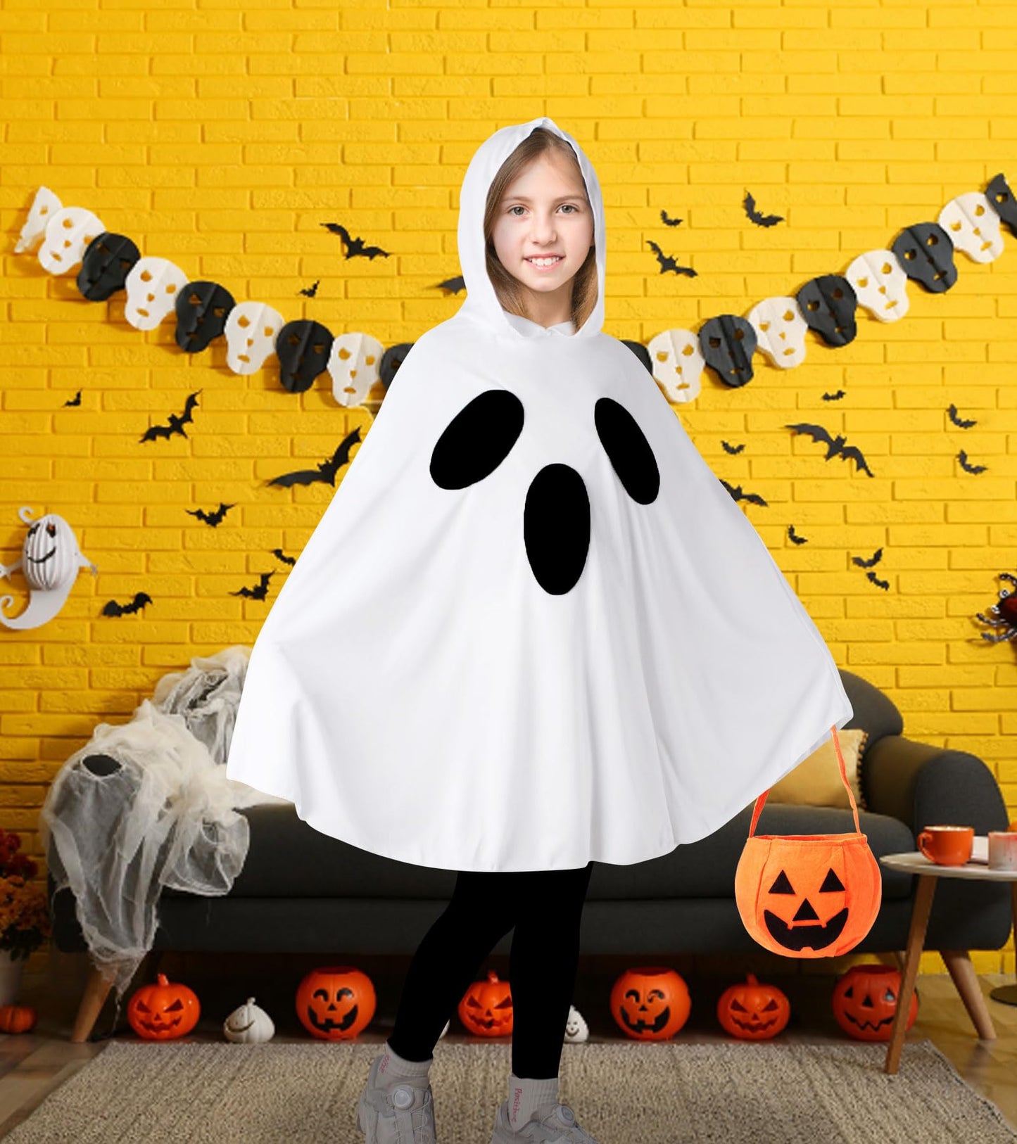 Oskiner Ghost Costume For Kids,White Ghost Poncho Hooded Cape With Pumpkin Bag,Spooky Halloween Costume For Girls