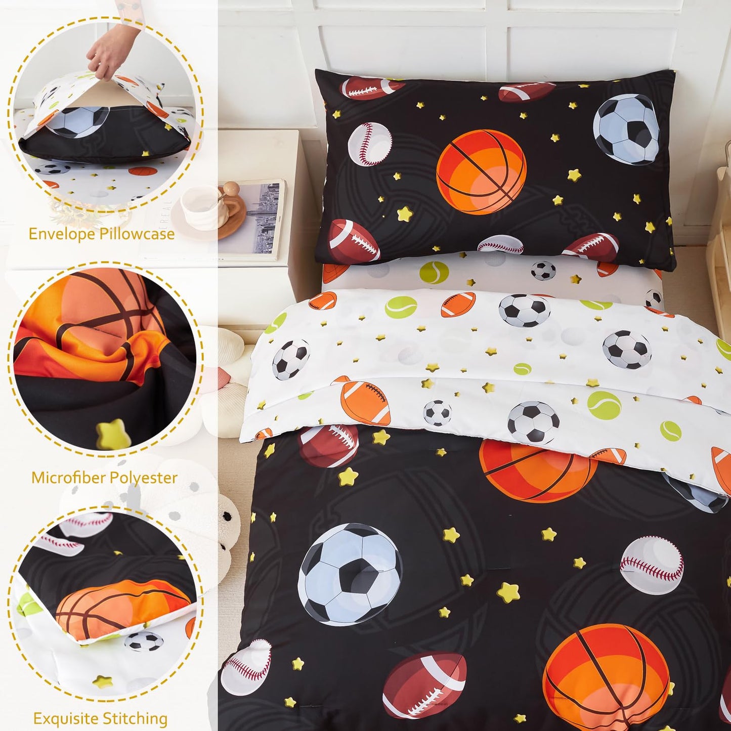 Perfemet Sports Theme Toddler Boys Bedding Set 4 Pieces Basketball Football Printed Toddler Comforter Set Reversible Design Ball