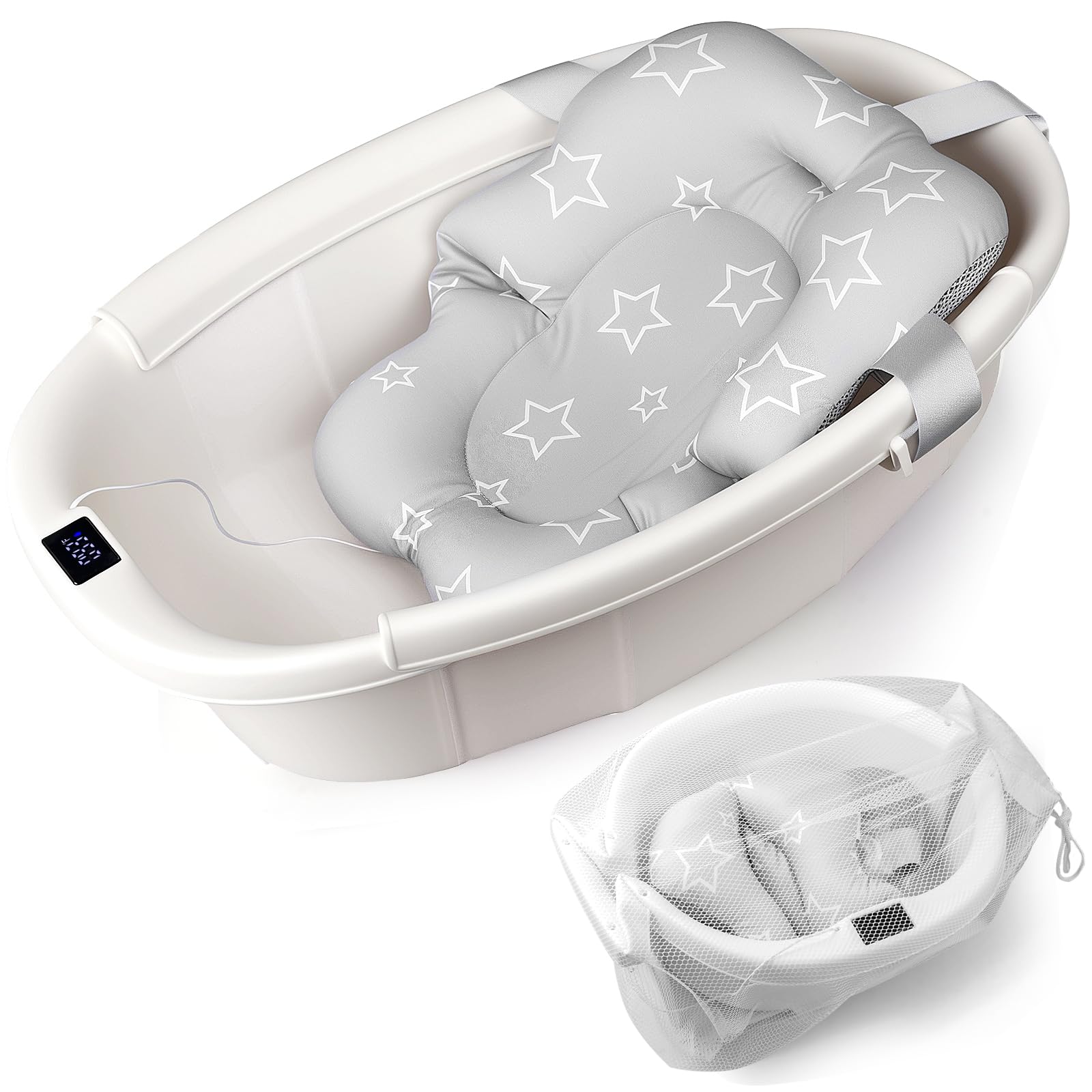 EverKiddo Baby Bathtub, Baby Bath Tub with Thermometer & Soft Cushion, Collapsible Infant Bathtub for Newborn to Toddler 0-36 Mo