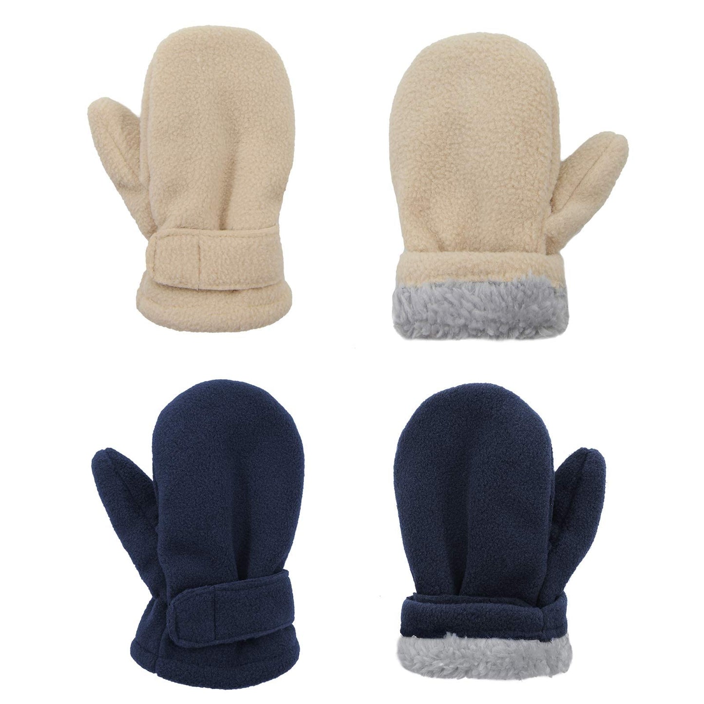 2 Pairs Toddler Mittens Unisex Lined Fleece Gloves Winter Warm Kids Mitten For Baby Boys And Girls Navy&Beige