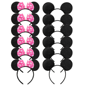 Chuangqi Mouse Ears Solid Black And Pink Bow Headband For Boys & Girls Birthday Party, Pack Of 12