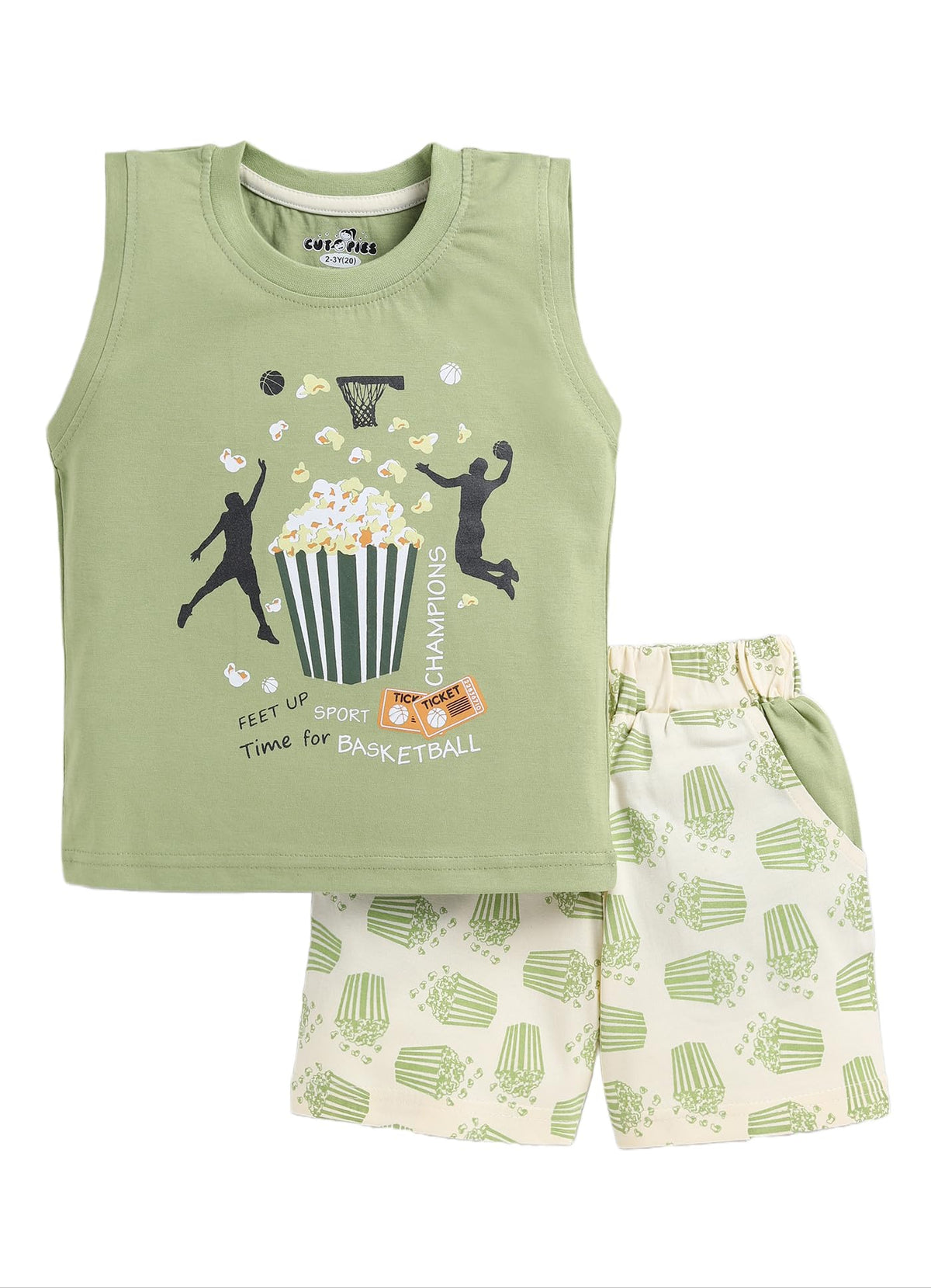 Cutopies Sage Olive 100% Pure Cotton Sleeveless TShirt And Shorts Set (Pack Of 1) Baby Boys Clothing Sets