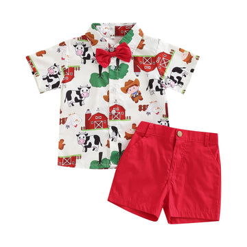 Rtnnsbbfcm Toddler Baby Boy Summer Clothes Short Sleeve Cartoon Print Bow Tie Shirt Top Shorts 2Pcs Casual Outfit (6-12 Months,F
