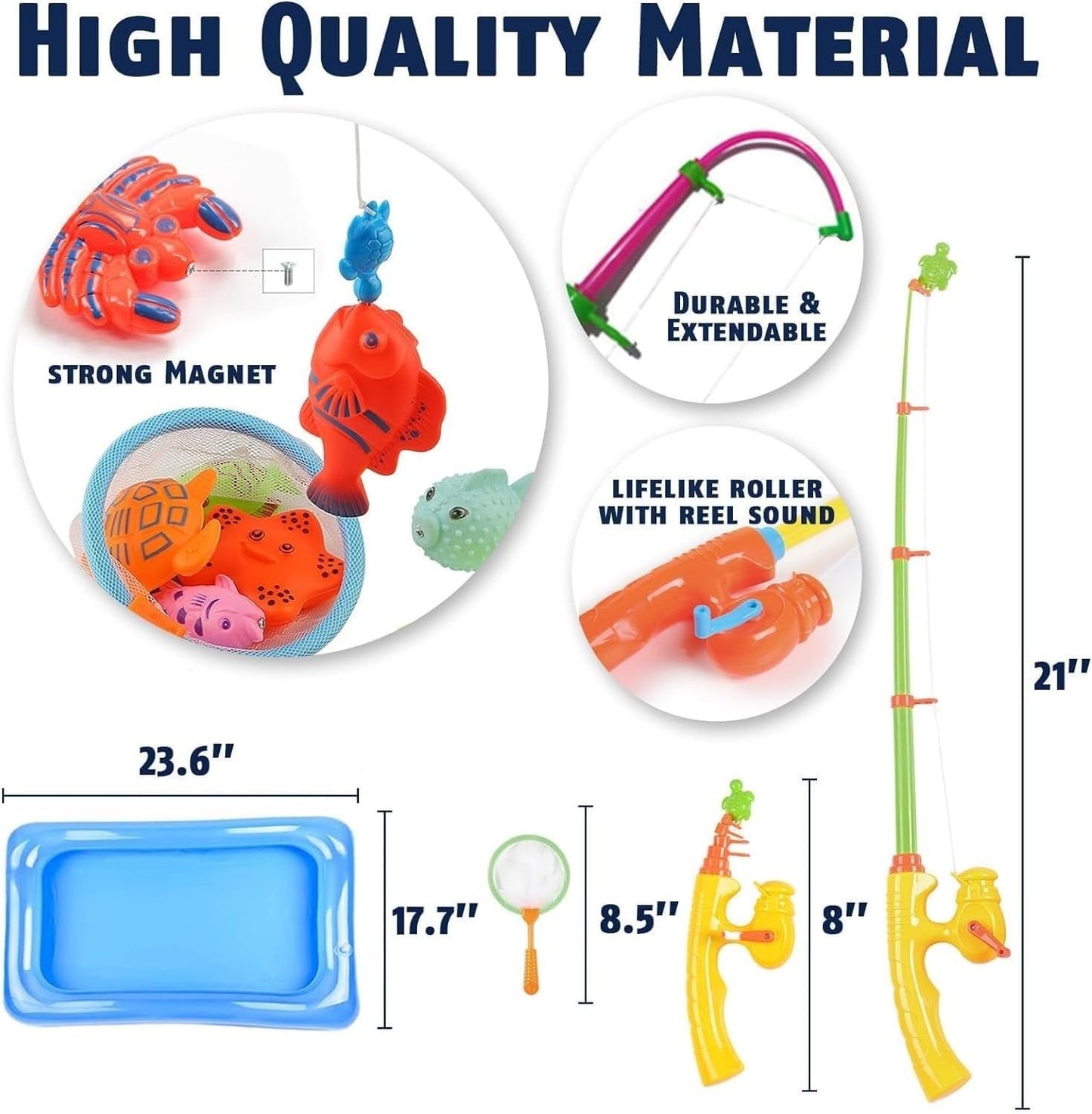 CozyBomB Kids Pool Fishing Toys Games | Summer Magnetic Floating Toy Magnet Pole Rod Fish Net Water Table Bathtub Bath Game, Lea